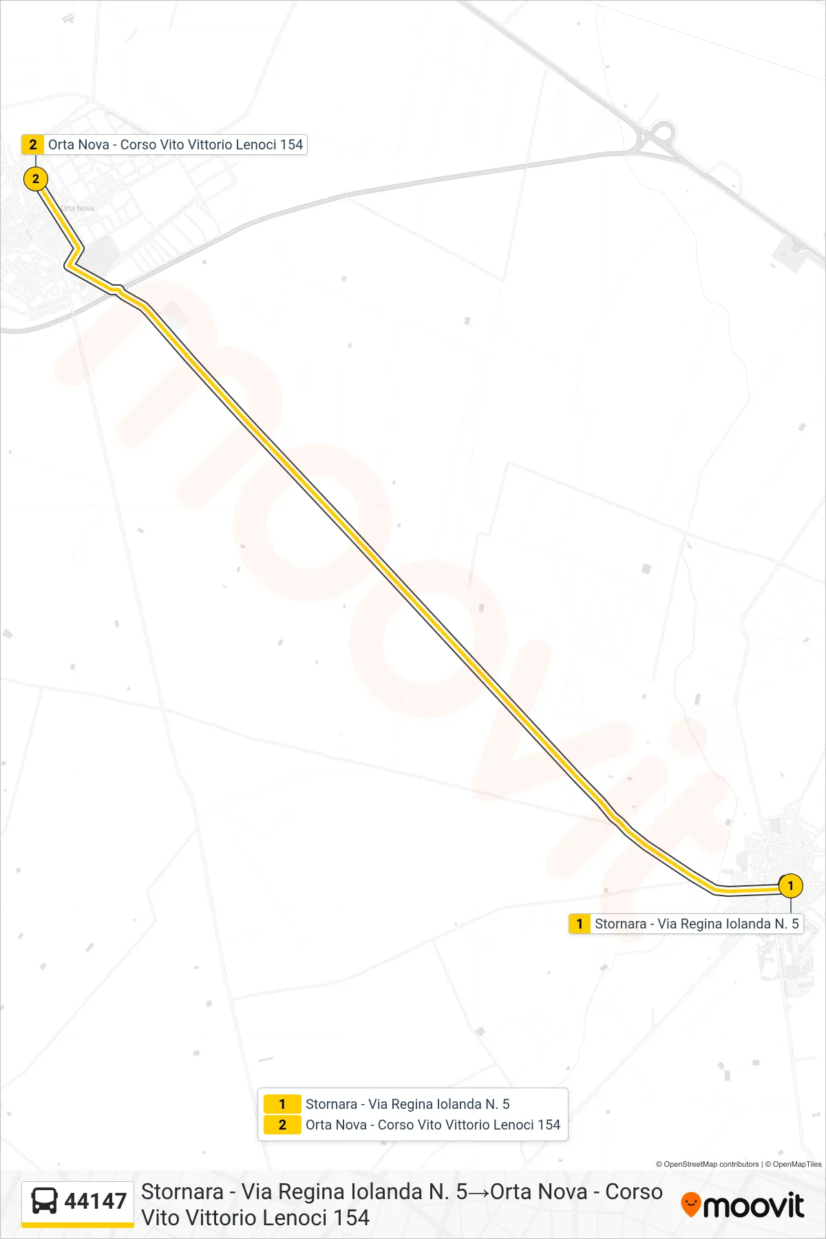 Linea 44147 bus (Stornara - Via Regina Iolanda N. 5→Orta Nova - Corso Vito Vittorio Lenoci 154) - Percorsi e fermate sulla mappa