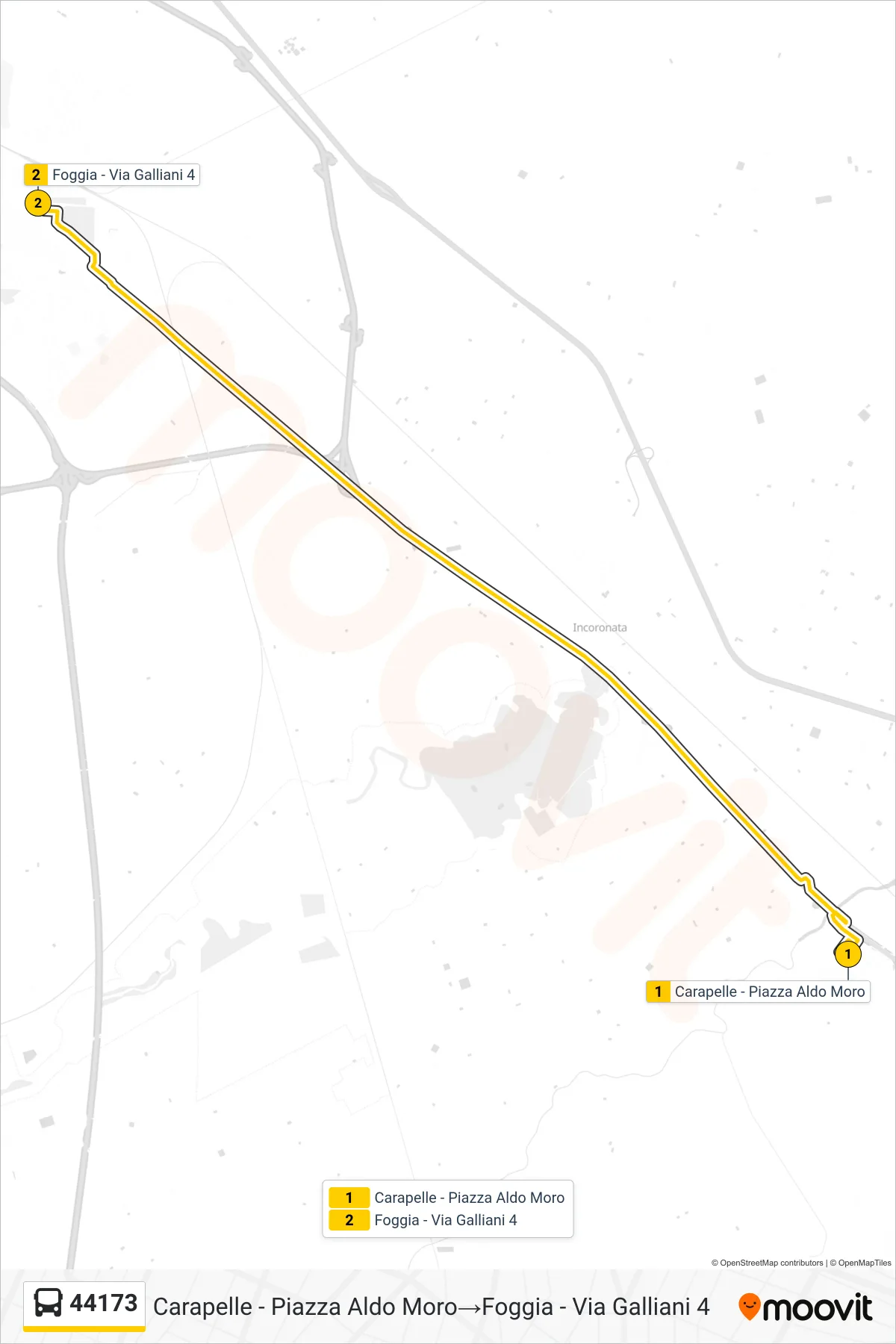 Linea 44173 bus (Carapelle - Piazza Aldo Moro→Foggia - Via Galliani 4) - Percorsi e fermate sulla mappa