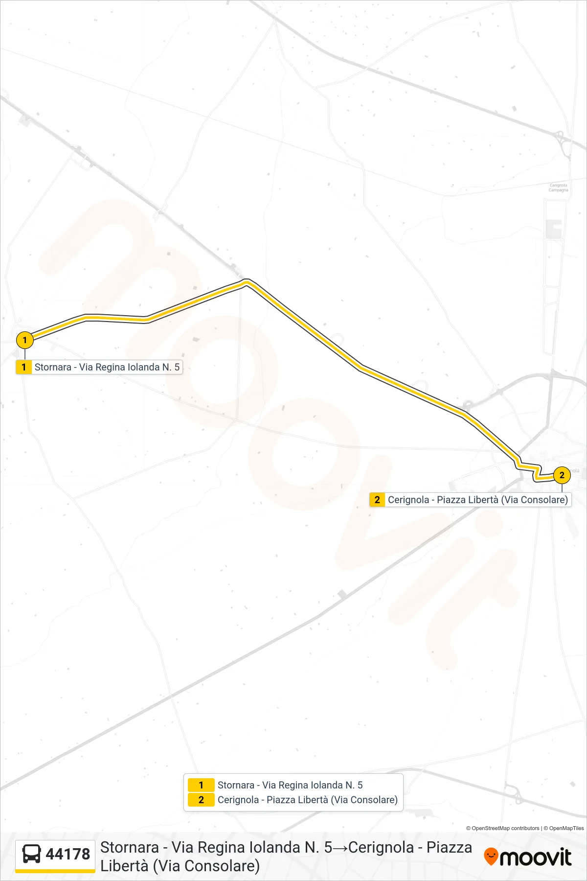 Linea 44178 bus (Stornara - Via Regina Iolanda N. 5→Cerignola - Piazza Libertà (Via Consolare)) - Percorsi e fermate sulla mappa
