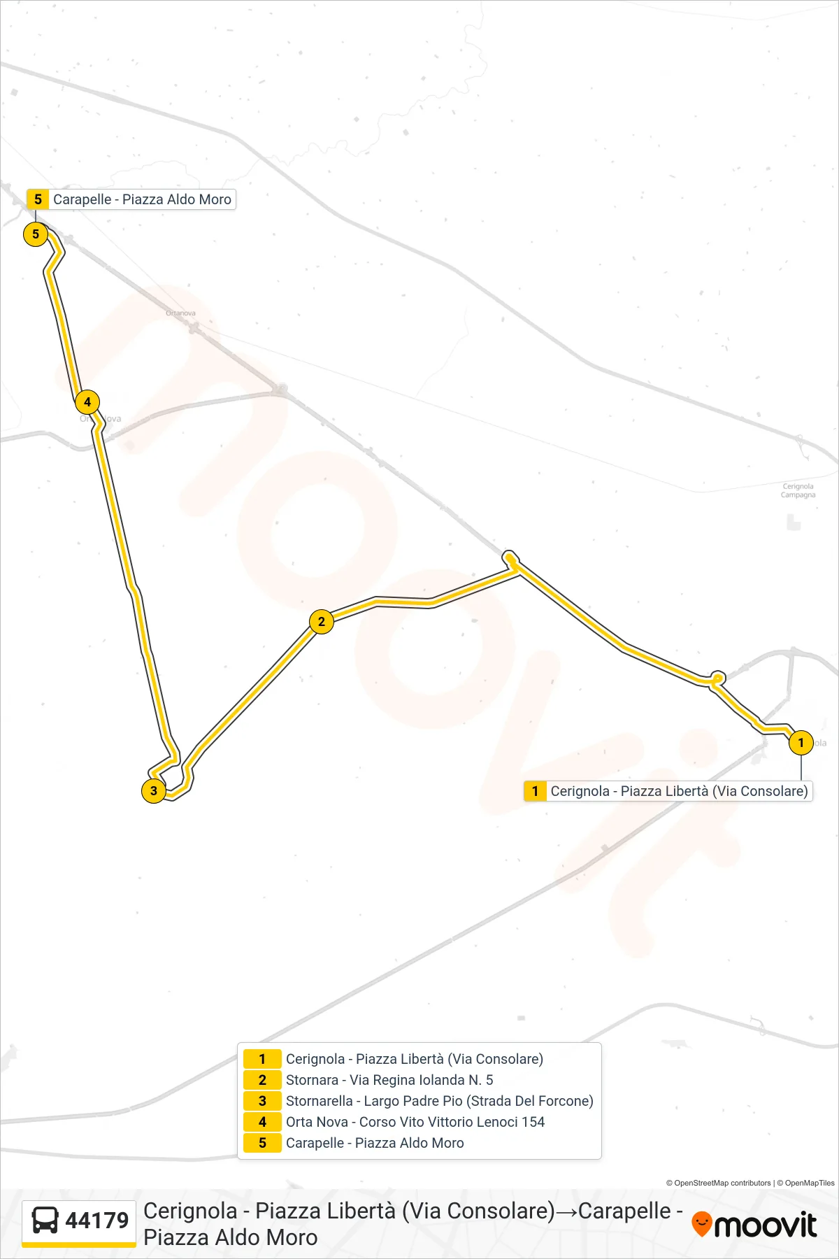Linea 44179 bus (Cerignola - Piazza Libertà (Via Consolare)→Carapelle - Piazza Aldo Moro) - Percorsi e fermate sulla mappa