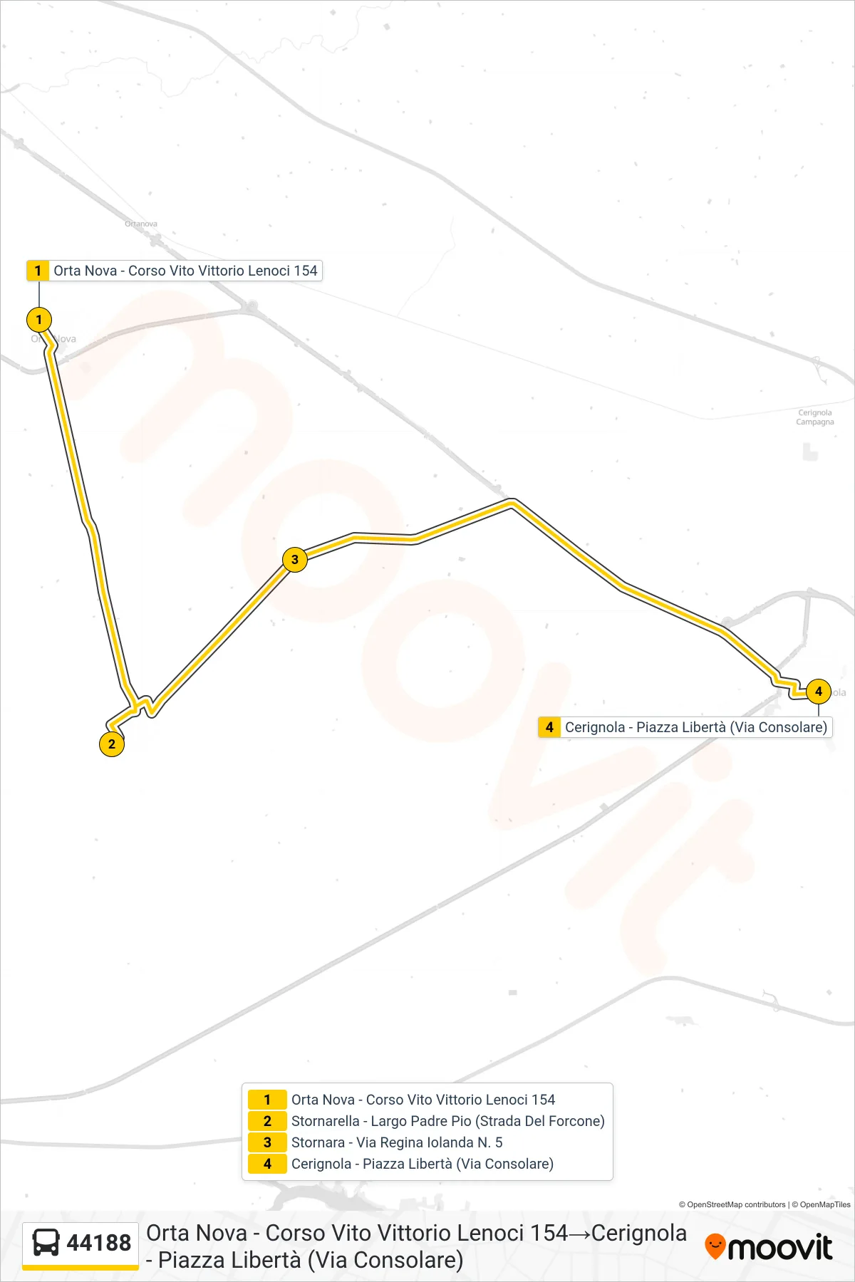Linea 44188  bus (Orta Nova - Corso Vito Vittorio Lenoci 154‎→Cerignola - Piazza Libertà (Via Consolare)) - Percorsi e fermate sulla mappa
