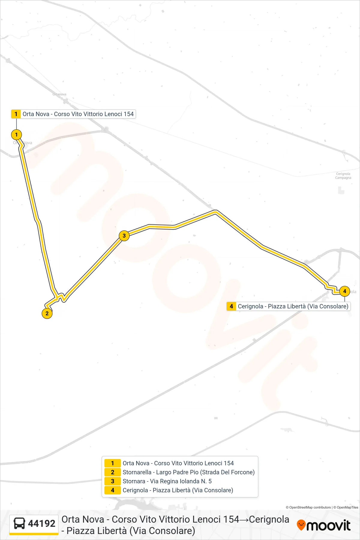 Linea 44192 bus (Orta Nova - Corso Vito Vittorio Lenoci 154→Cerignola - Piazza Libertà (Via Consolare)) - Percorsi e fermate sulla mappa