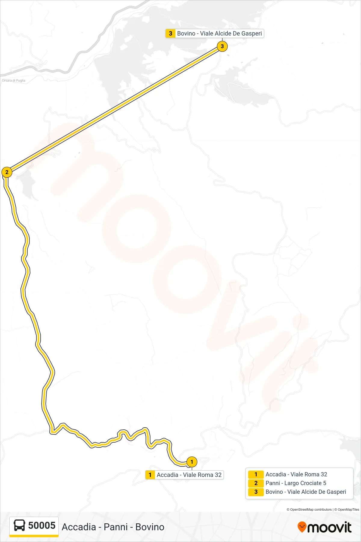 Linea 50005  bus (Accadia - Viale Roma 32‎→Bovino - Viale Alcide De Gasperi) - Percorsi e fermate sulla mappa