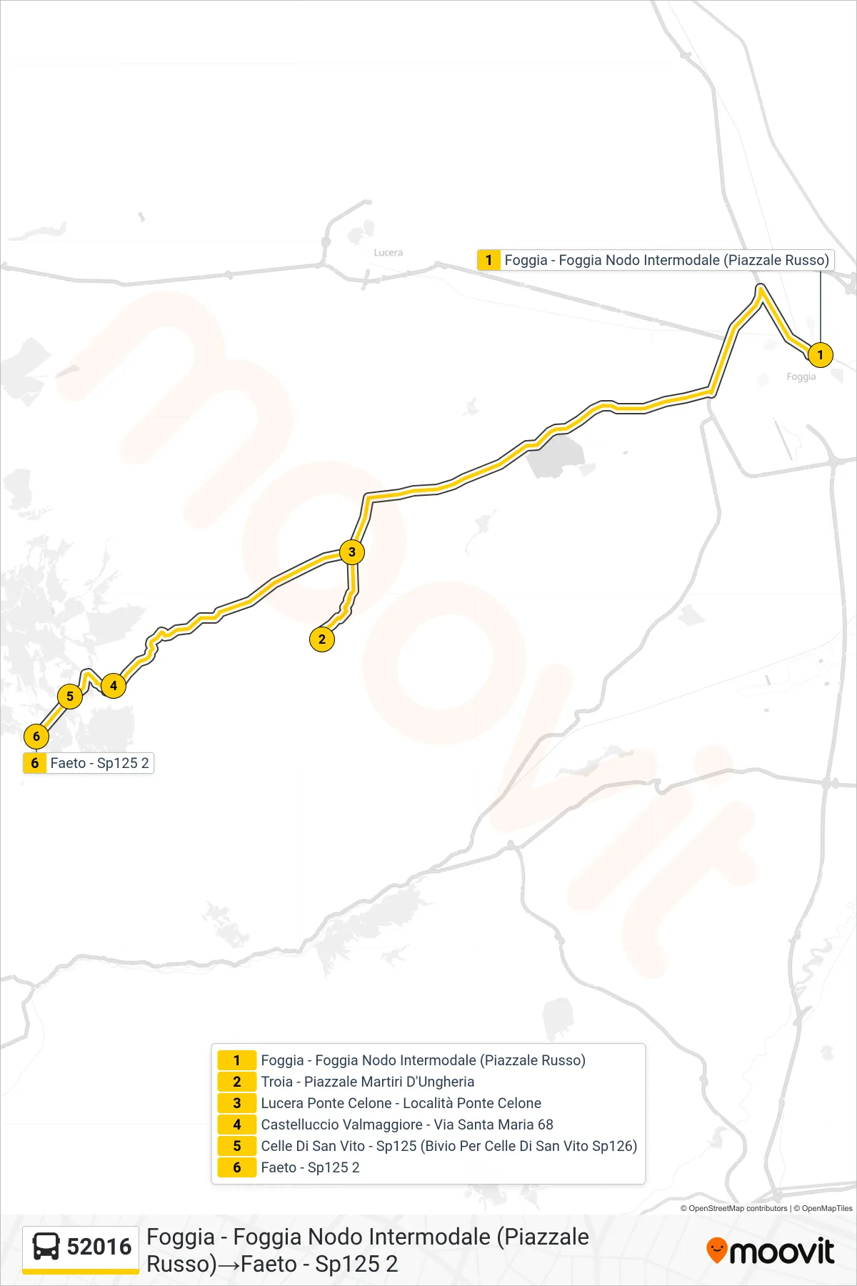 Linea 52016  bus (Foggia - Foggia Nodo Intermodale (Piazzale Russo)‎→Faeto - Sp125 2) - Percorsi e fermate sulla mappa