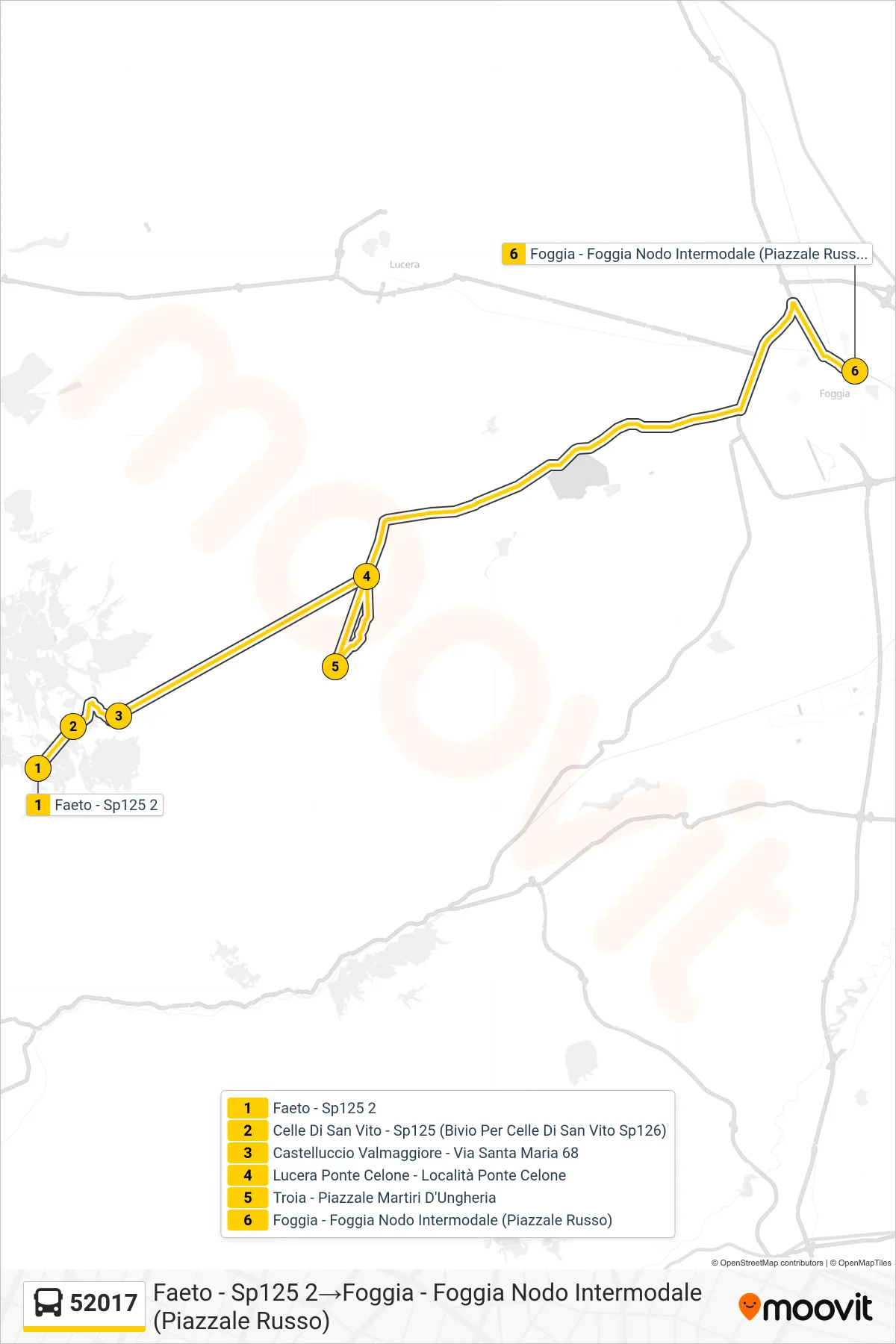 Linea 52017  bus (Faeto - Sp125 2‎→Foggia - Foggia Nodo Intermodale (Piazzale Russo)) - Percorsi e fermate sulla mappa
