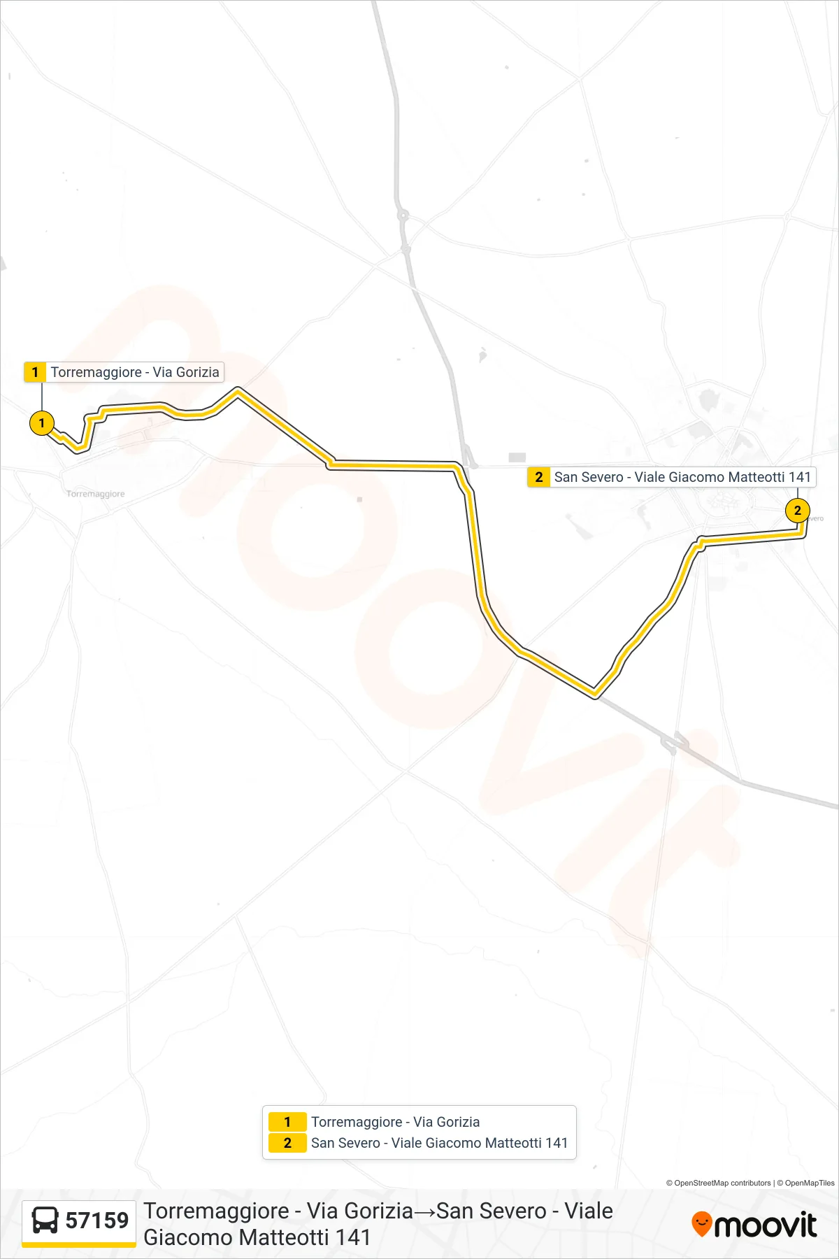 Linea 57159 bus (Torremaggiore - Via Gorizia→San Severo - Viale Giacomo Matteotti 141) - Percorsi e fermate sulla mappa