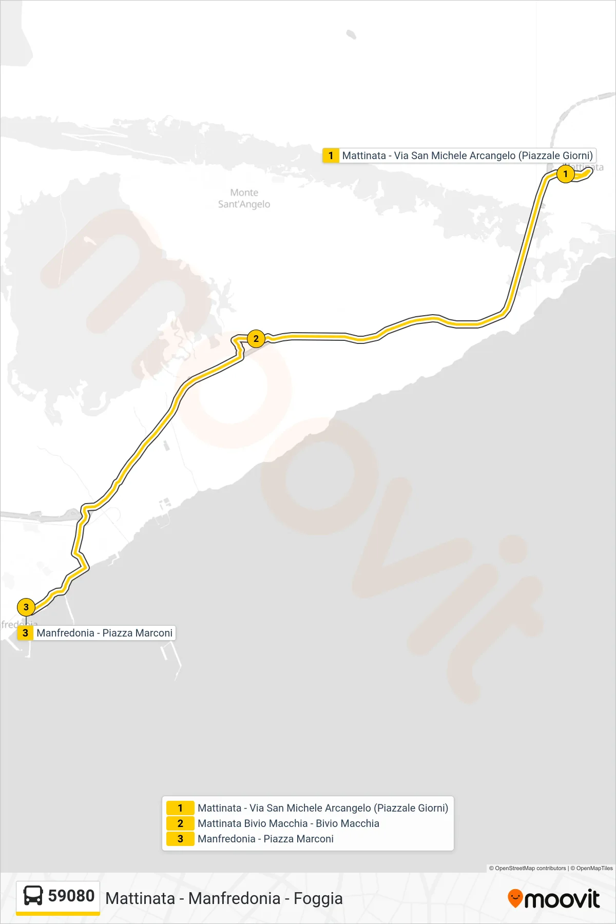 Linea 59080 bus (Mattinata - Via San Michele Arcangelo (Piazzale Giorni)→Manfredonia - Piazza Marconi) - Percorsi e fermate sulla mappa