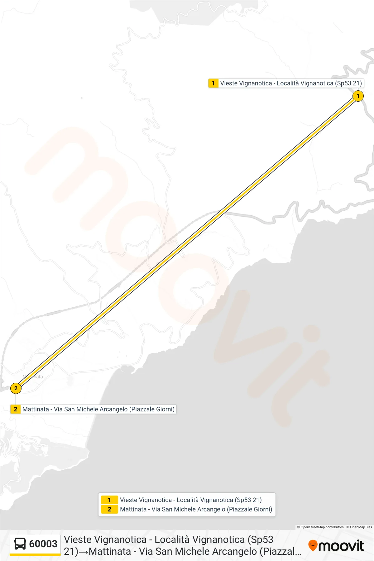 Linea 60003  bus (Vieste Vignanotica - Località Vignanotica (Sp53 21)‎→Mattinata - Via San Michele Arcangelo (Piazzale Giorni)) - Percorsi e fermate sulla mappa