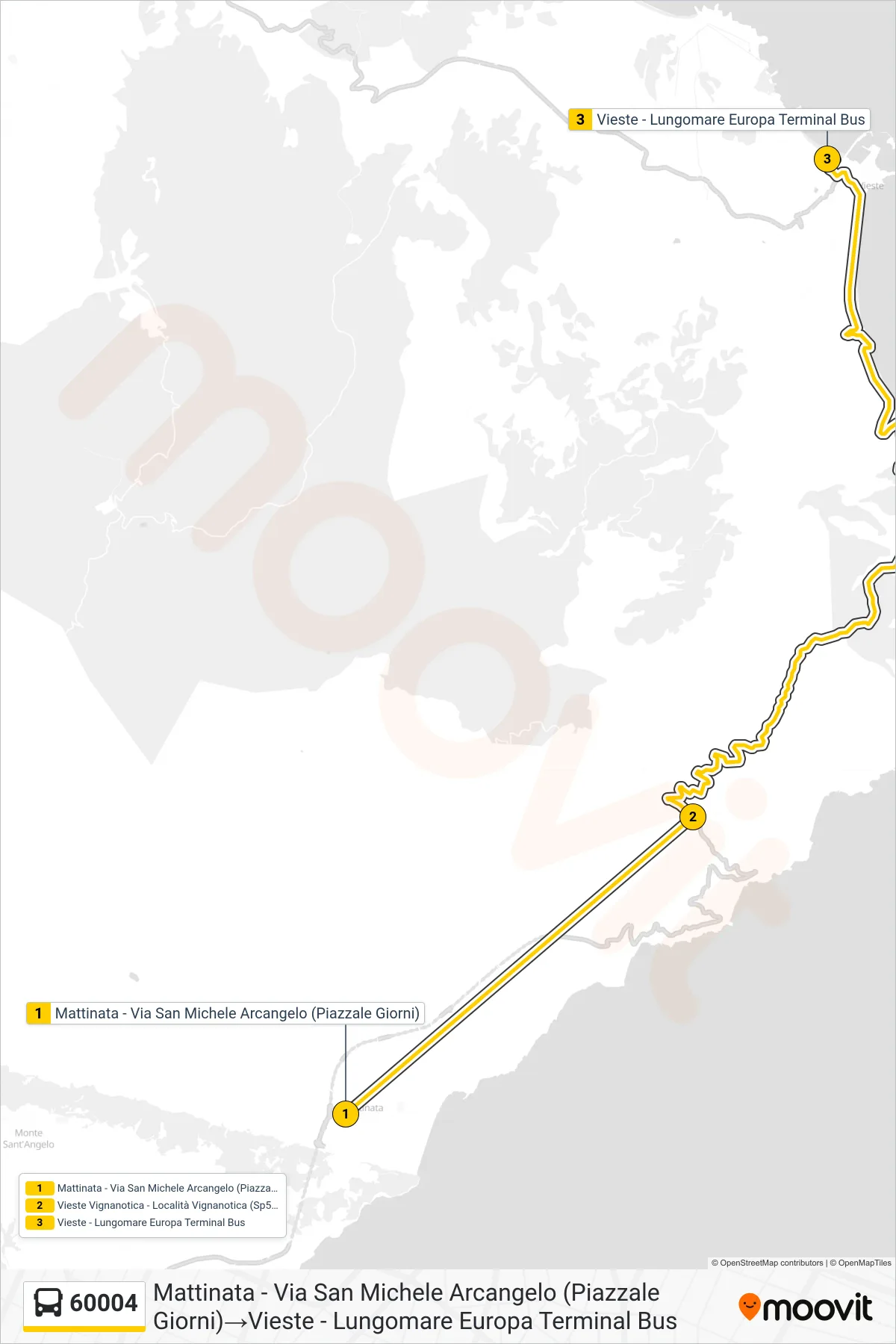 Linea 60004 bus (Mattinata - Via San Michele Arcangelo (Piazzale Giorni)→Vieste - Lungomare Europa Terminal Bus) - Percorsi e fermate sulla mappa