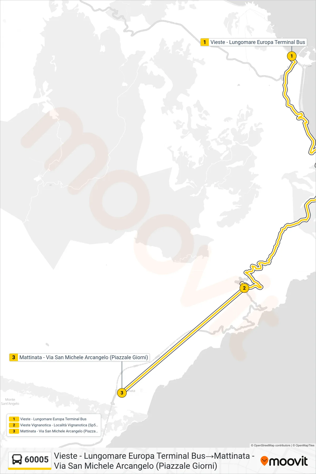 Linea 60005  bus (Vieste - Lungomare Europa Terminal Bus‎→Mattinata - Via San Michele Arcangelo (Piazzale Giorni)) - Percorsi e fermate sulla mappa