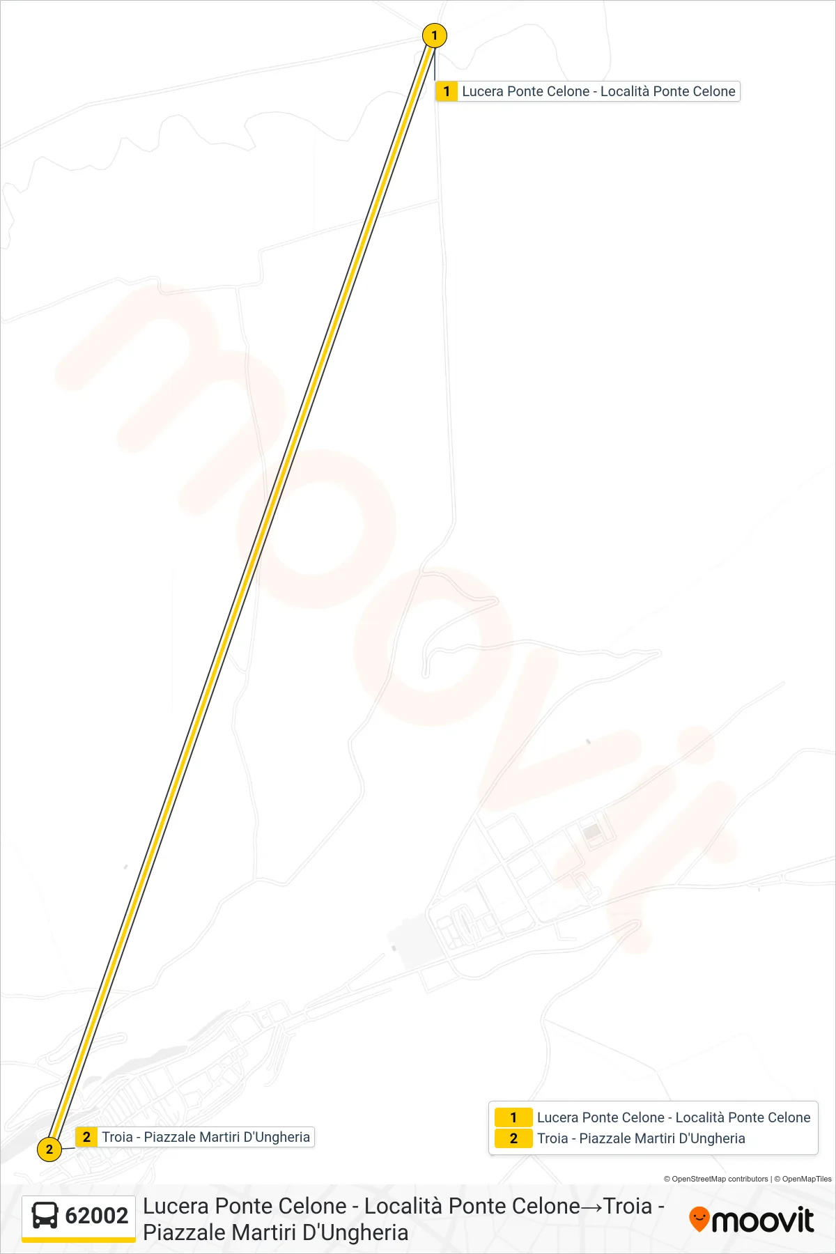 Linea 62002  bus (Lucera Ponte Celone - Località Ponte Celone‎→Troia - Piazzale Martiri D'Ungheria) - Percorsi e fermate sulla mappa