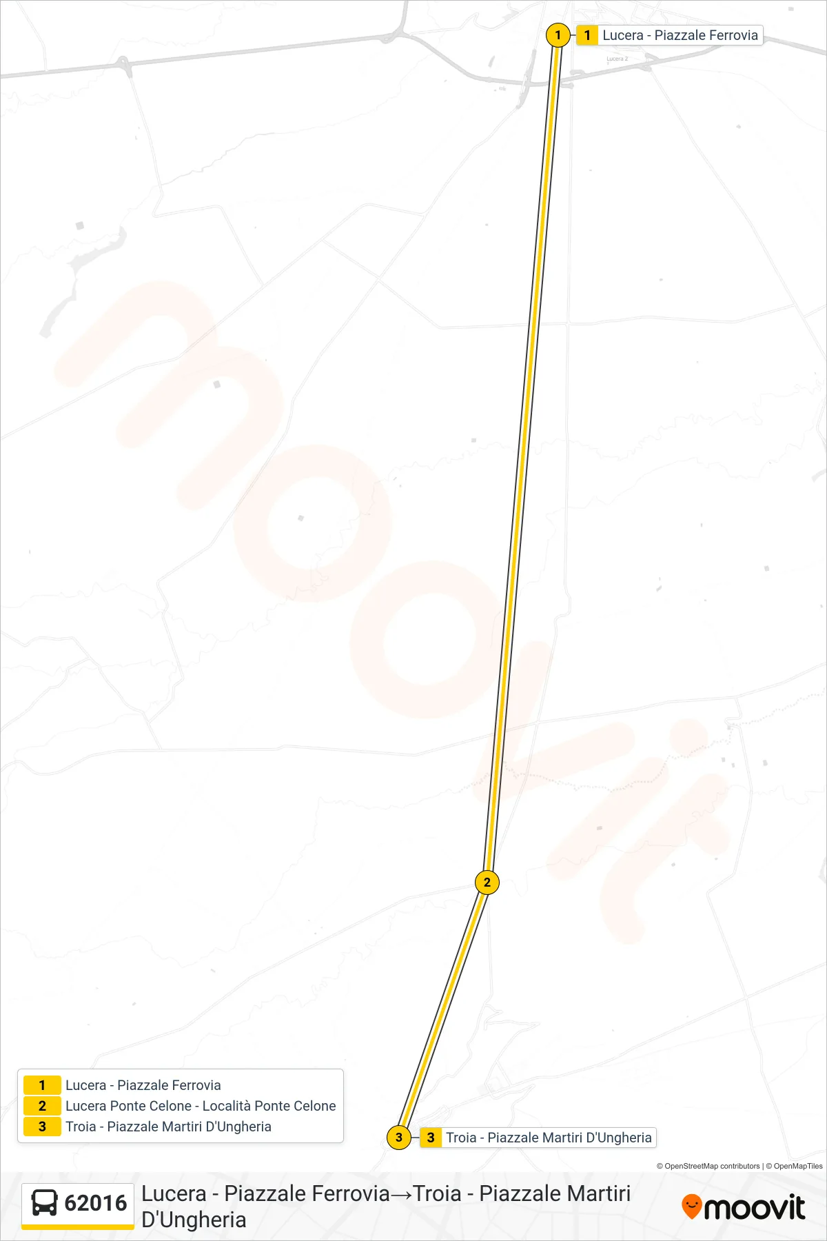 Linea 62016  bus (Lucera - Piazzale Ferrovia‎→Troia - Piazzale Martiri D'Ungheria) - Percorsi e fermate sulla mappa