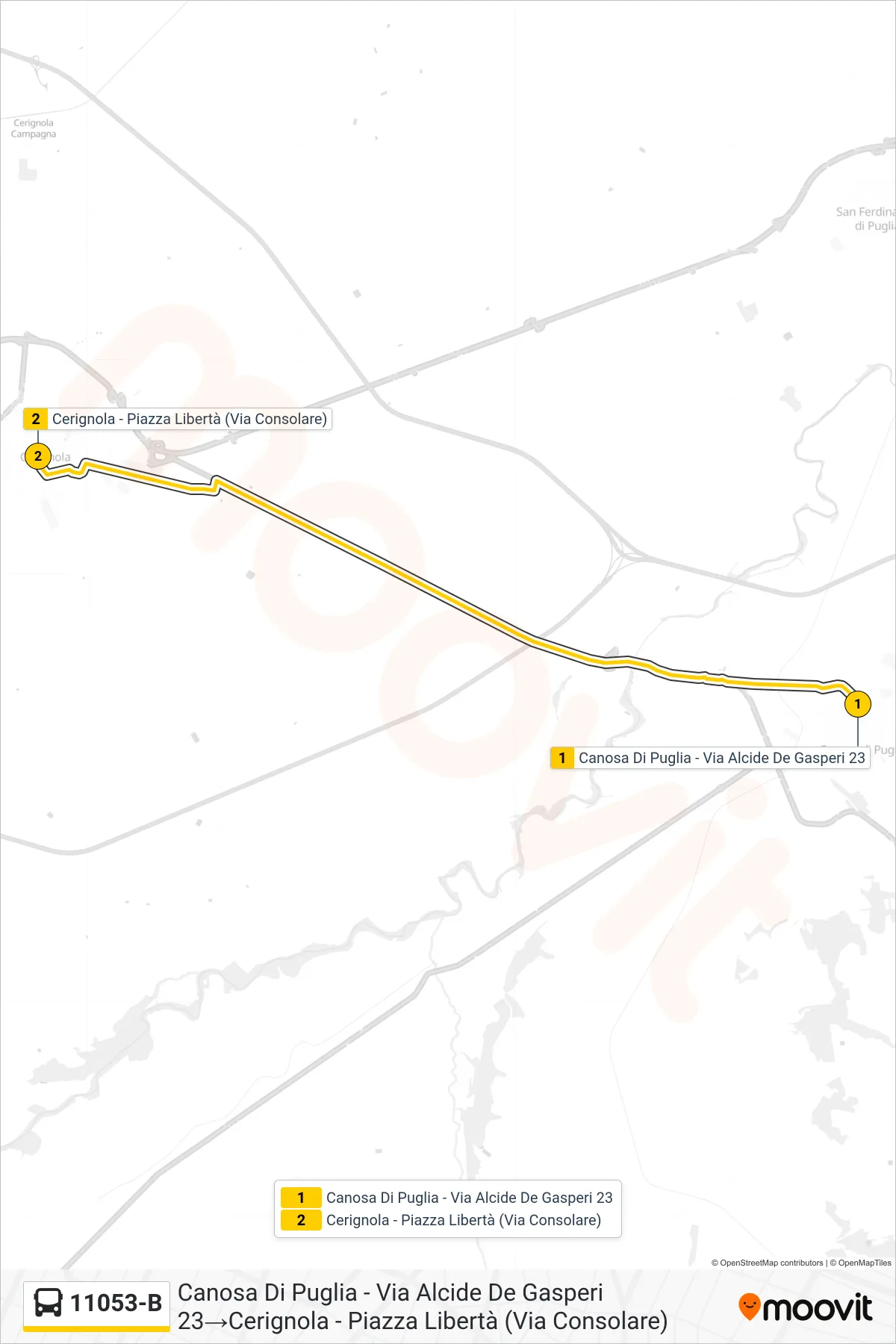 Linea 11053-B bus (Canosa Di Puglia - Via Alcide De Gasperi 23→Cerignola - Piazza Libertà (Via Consolare)) - Percorsi e fermate sulla mappa