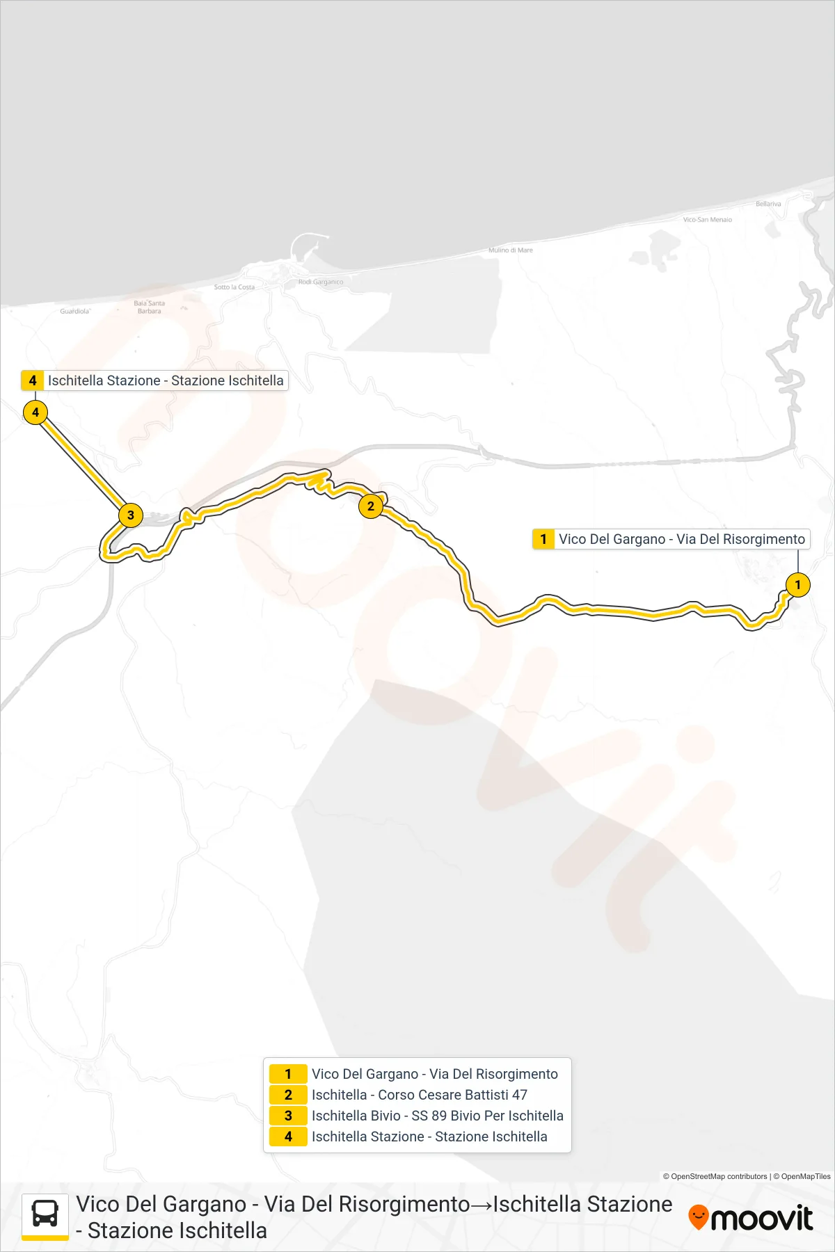 Linea 1018A-I22 bus (Vico Del Gargano - Via Del Risorgimento→Ischitella Stazione - Stazione Ischitella) - Percorsi e fermate sulla mappa