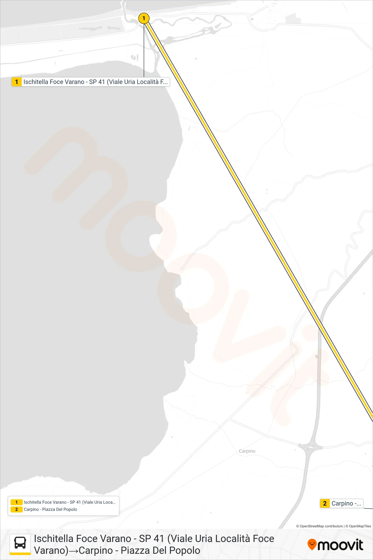 Linea 1069R-E22 bus (Ischitella Foce Varano - SP 41 (Viale Uria Località Foce Varano)→Carpino - Piazza Del Popolo) - Percorsi e fermate sulla mappa