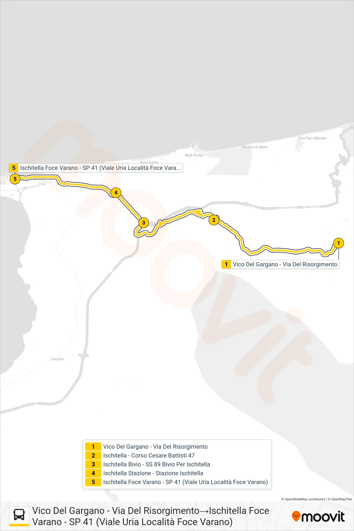 Linea 1017A - E22  bus (Vico Del Gargano - Via Del Risorgimento‎→Ischitella Foce Varano - SP 41 (Viale Uria Località Foce Varano)) - Percorsi e fermate sulla mappa
