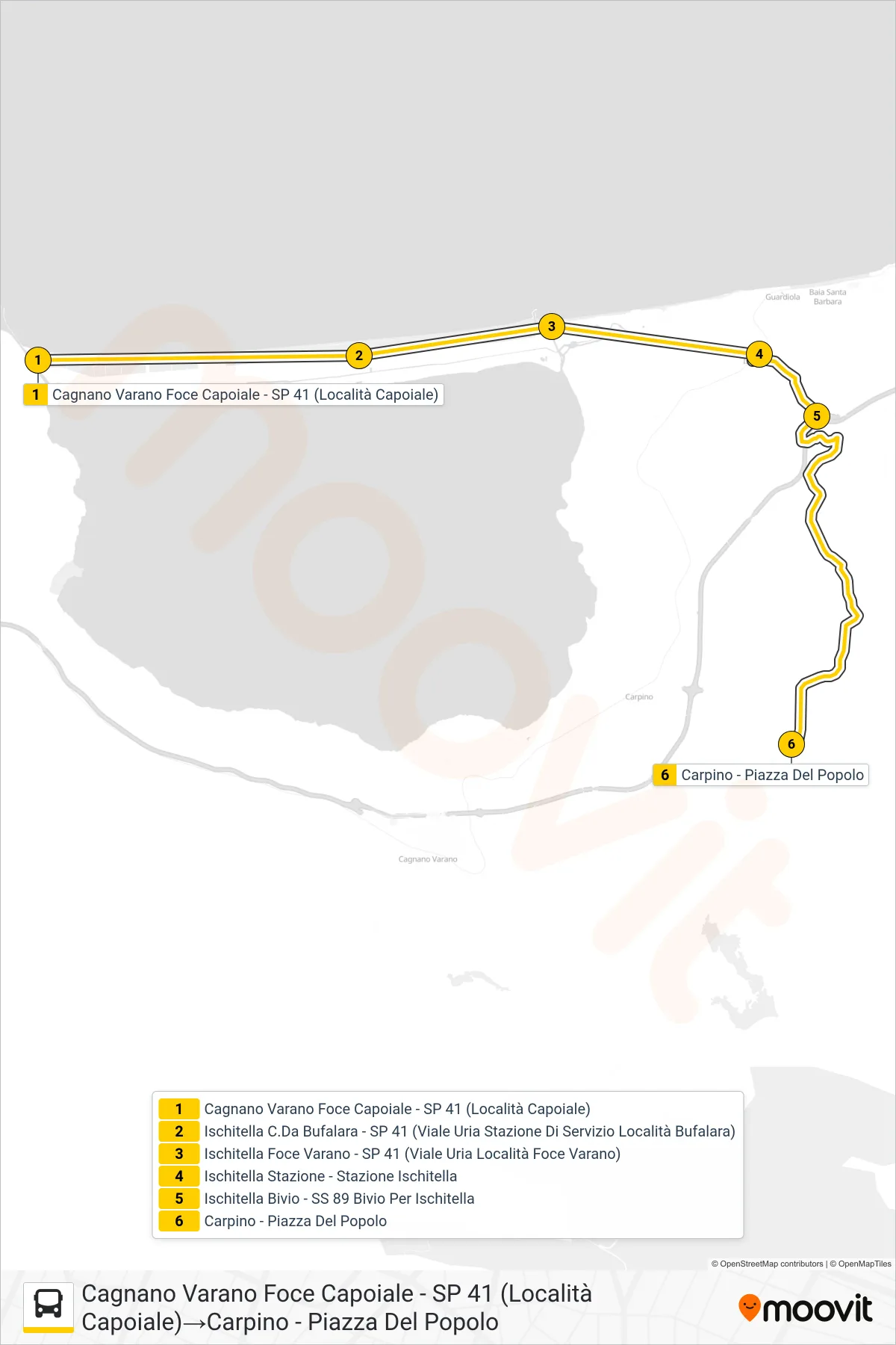 Linea 1107A - E22  bus (Cagnano Varano Foce Capoiale - SP 41 (Località Capoiale)‎→Carpino - Piazza Del Popolo) - Percorsi e fermate sulla mappa