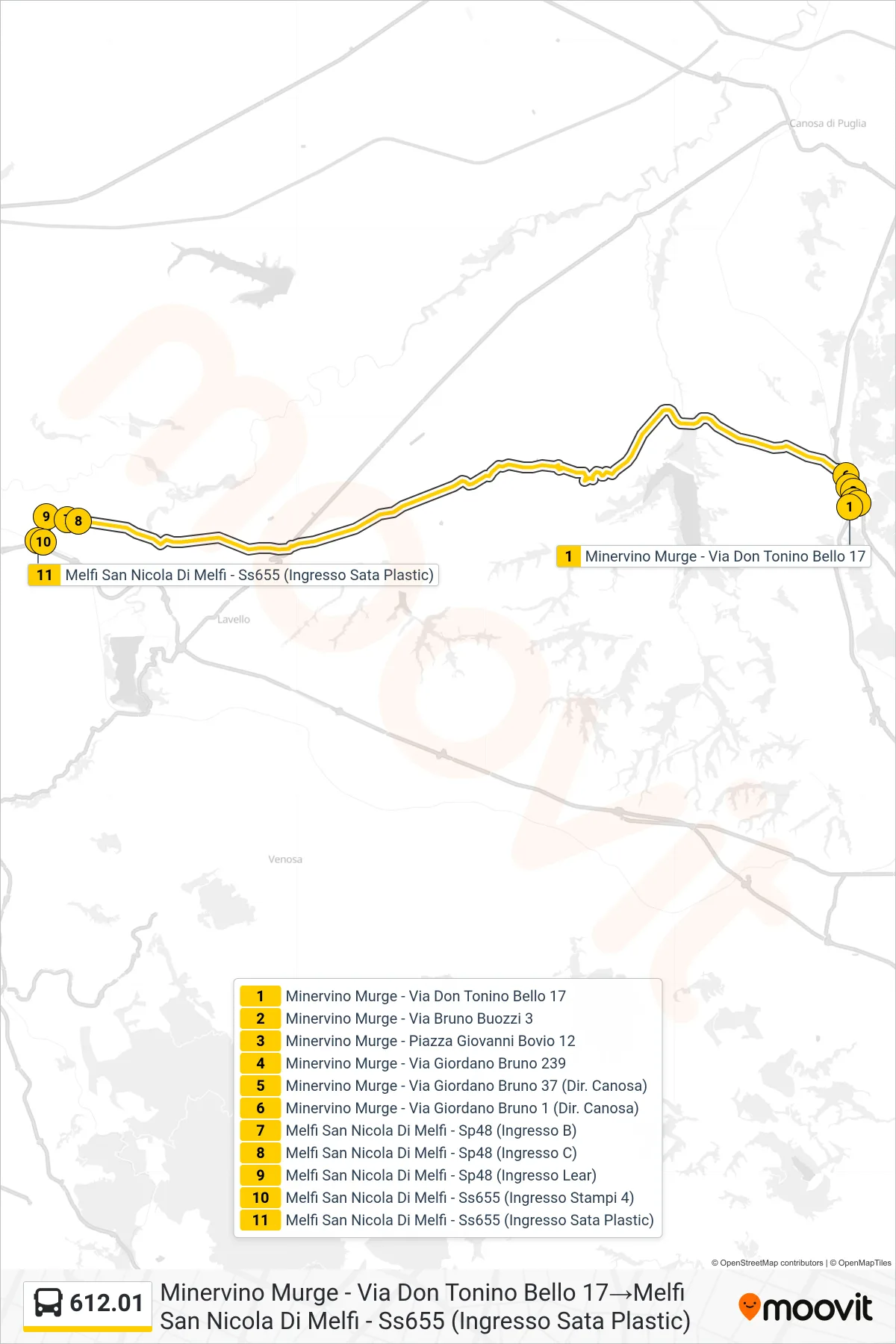 Linea 612.01 tram (Minervino Murge - Via Don Tonino Bello 17→Melfi San Nicola Di Melfi - Ss655 (Ingresso Sata Plastic)) - Percorsi e fermate sulla mappa