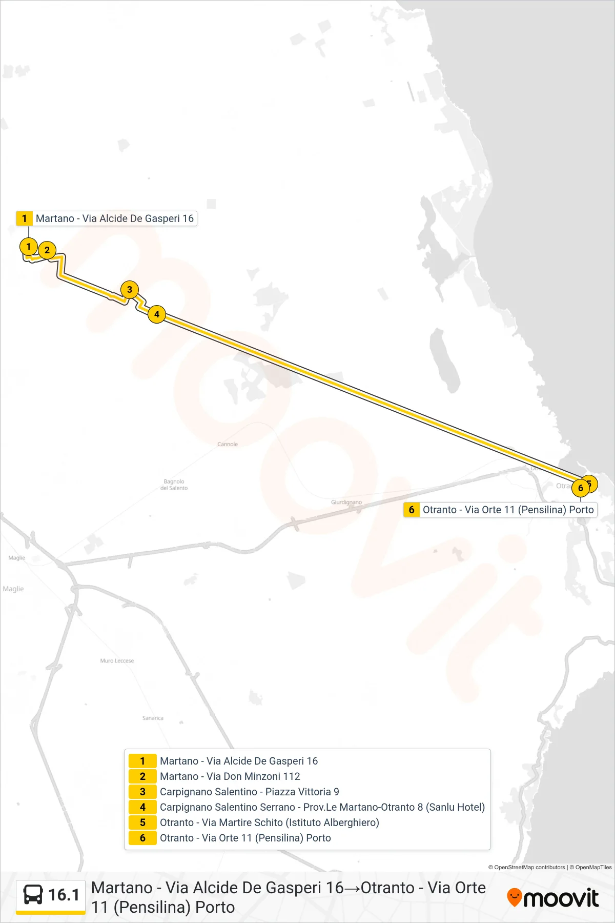 Linea 16.1  bus (Martano - Via Alcide De Gasperi 16‎→Otranto - Via Orte 11 (Pensilina) Porto) - Percorsi e fermate sulla mappa