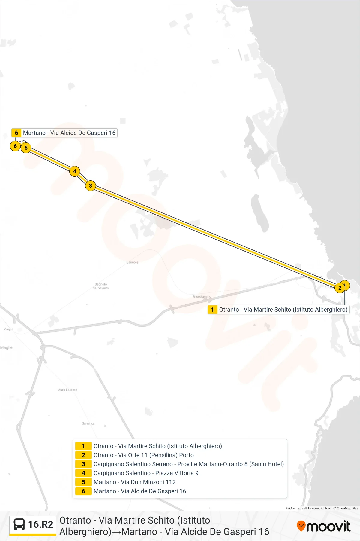 Linea 16.R2 bus (Otranto - Via Martire Schito (Istituto Alberghiero)→Martano - Via Alcide De Gasperi 16) - Percorsi e fermate sulla mappa