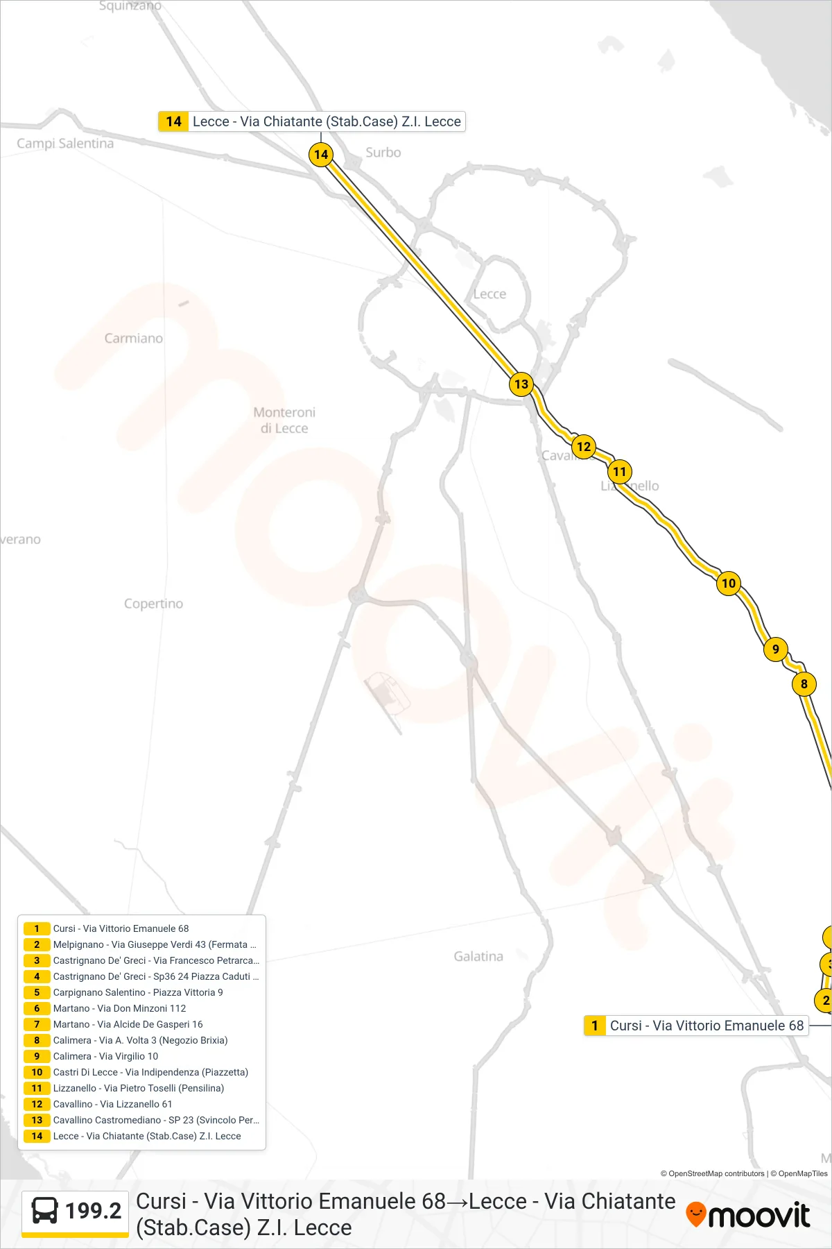 Linea 199.2  bus (Cursi - Via Vittorio Emanuele 68‎→Lecce - Via Chiatante (Stab.Case) Z.I. Lecce) - Percorsi e fermate sulla mappa