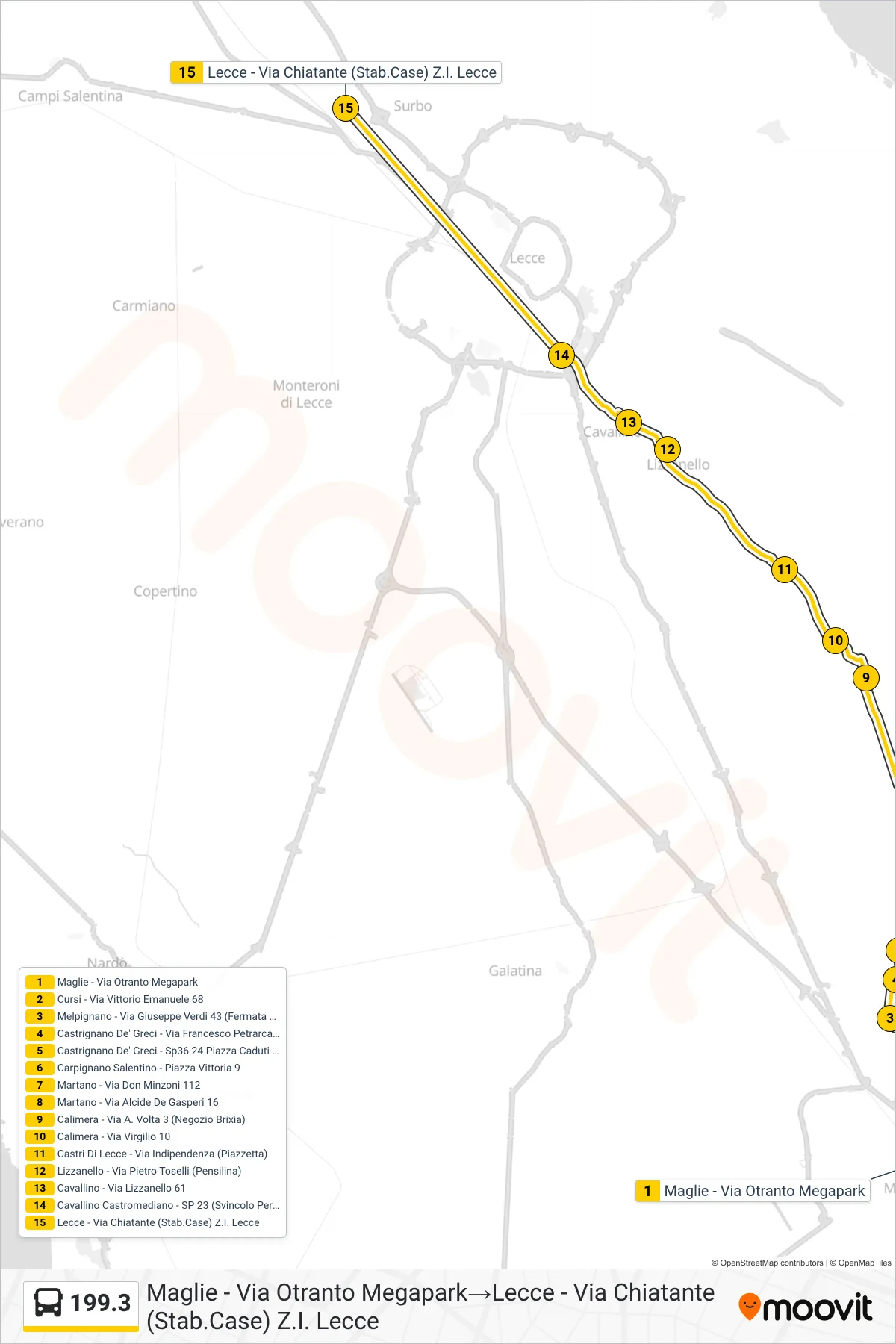 Linea 199.3 bus (Maglie - Via Otranto Megapark→Lecce - Via Chiatante (Stab.Case) Z.I. Lecce) - Percorsi e fermate sulla mappa