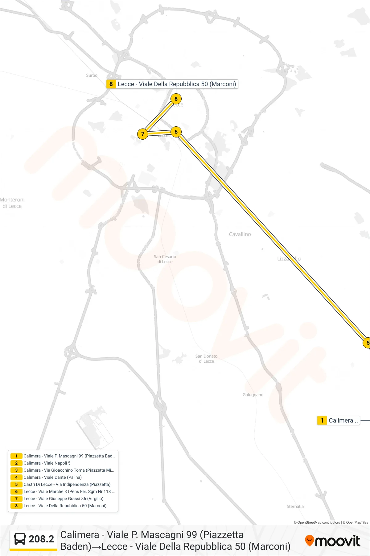 Linea 208.2  bus (Calimera - Viale P. Mascagni 99 (Piazzetta Baden)‎→Lecce - Viale Della Repubblica 50 (Marconi)) - Percorsi e fermate sulla mappa