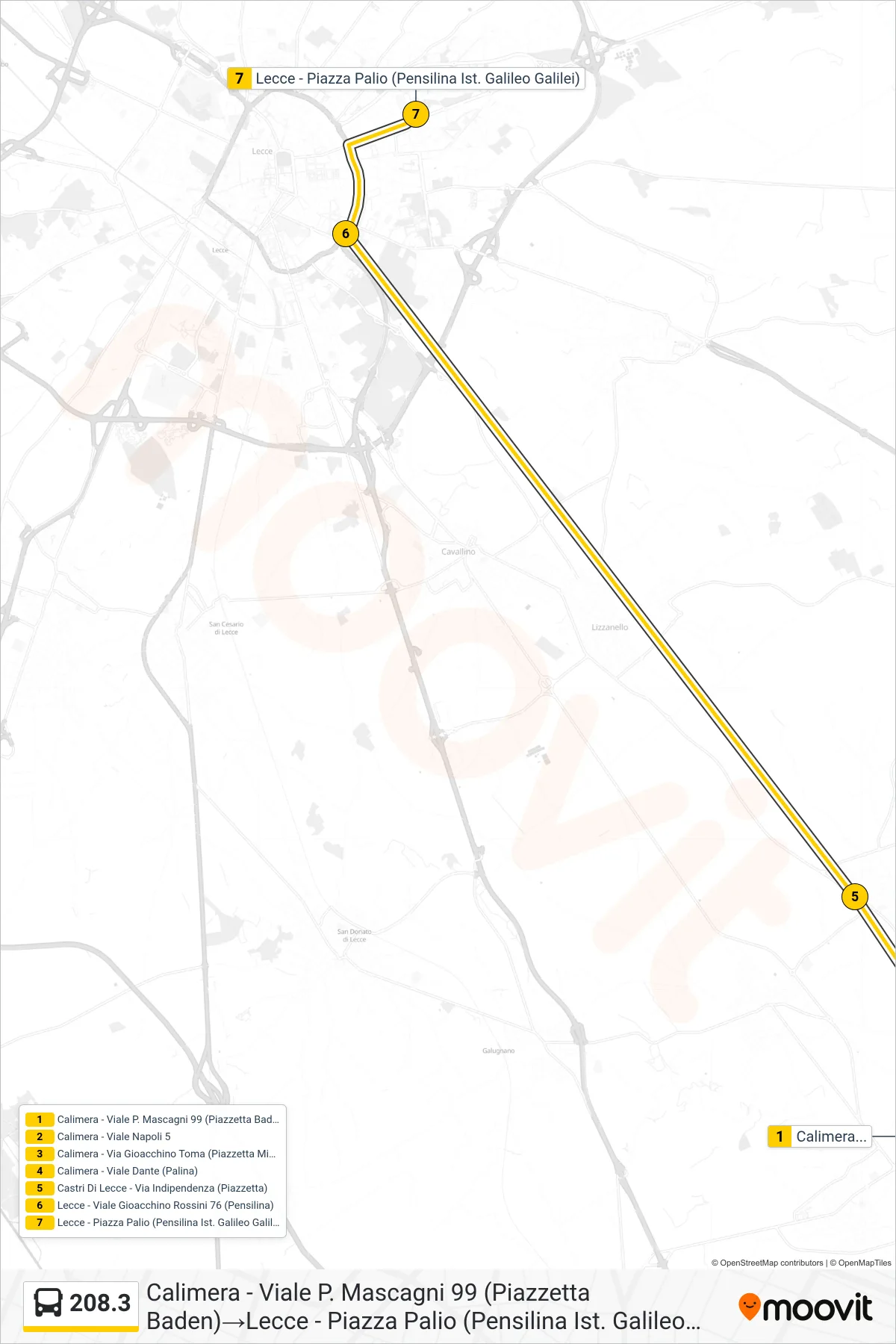 Linea 208.3 bus (Calimera - Viale P. Mascagni 99 (Piazzetta Baden)→Lecce - Piazza Palio (Pensilina Ist. Galileo Galilei)) - Percorsi e fermate sulla mappa