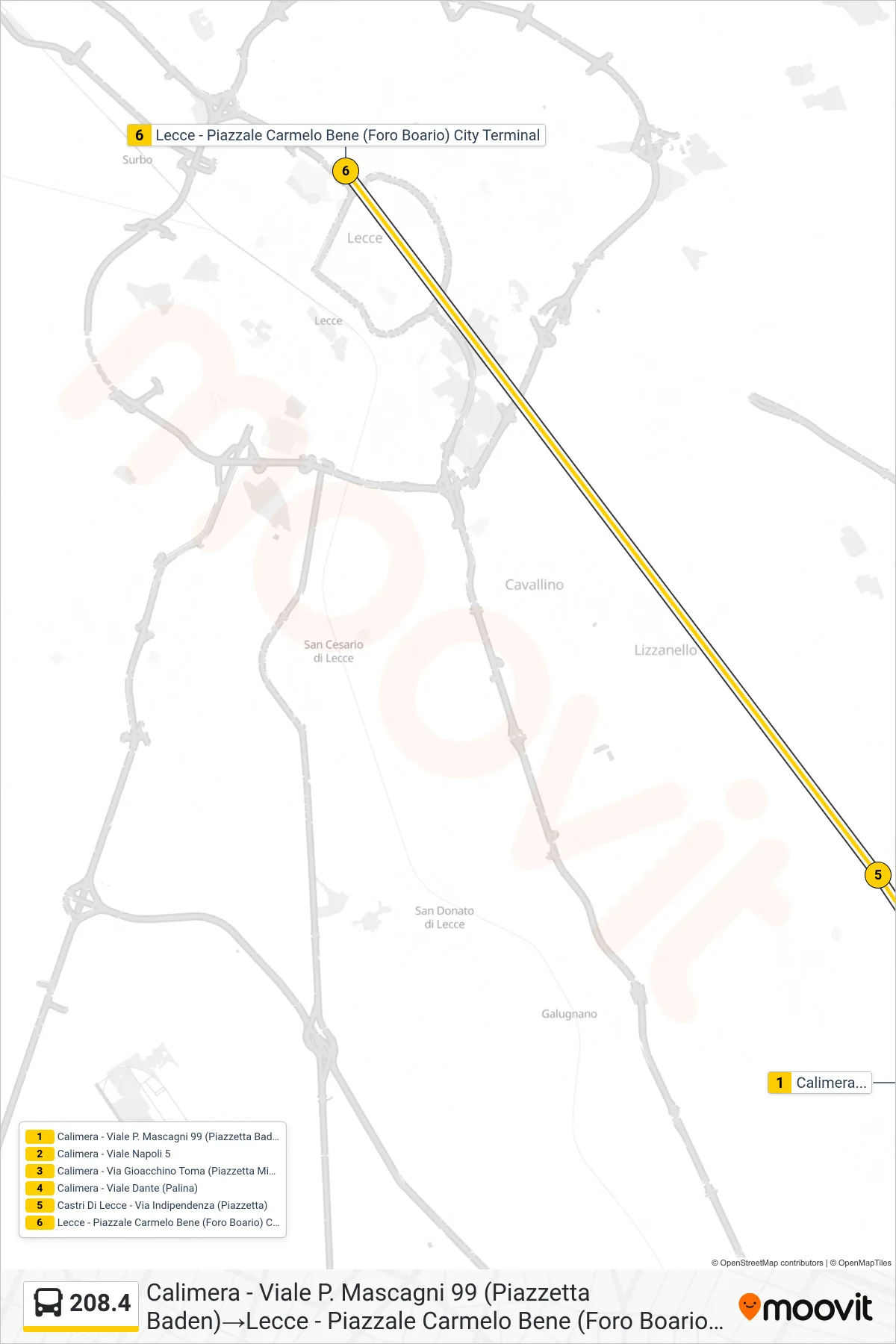 Linea 208.4 bus (Calimera - Viale P. Mascagni 99 (Piazzetta Baden)→Lecce - Piazzale Carmelo Bene (Foro Boario) City Terminal) - Percorsi e fermate sulla mappa