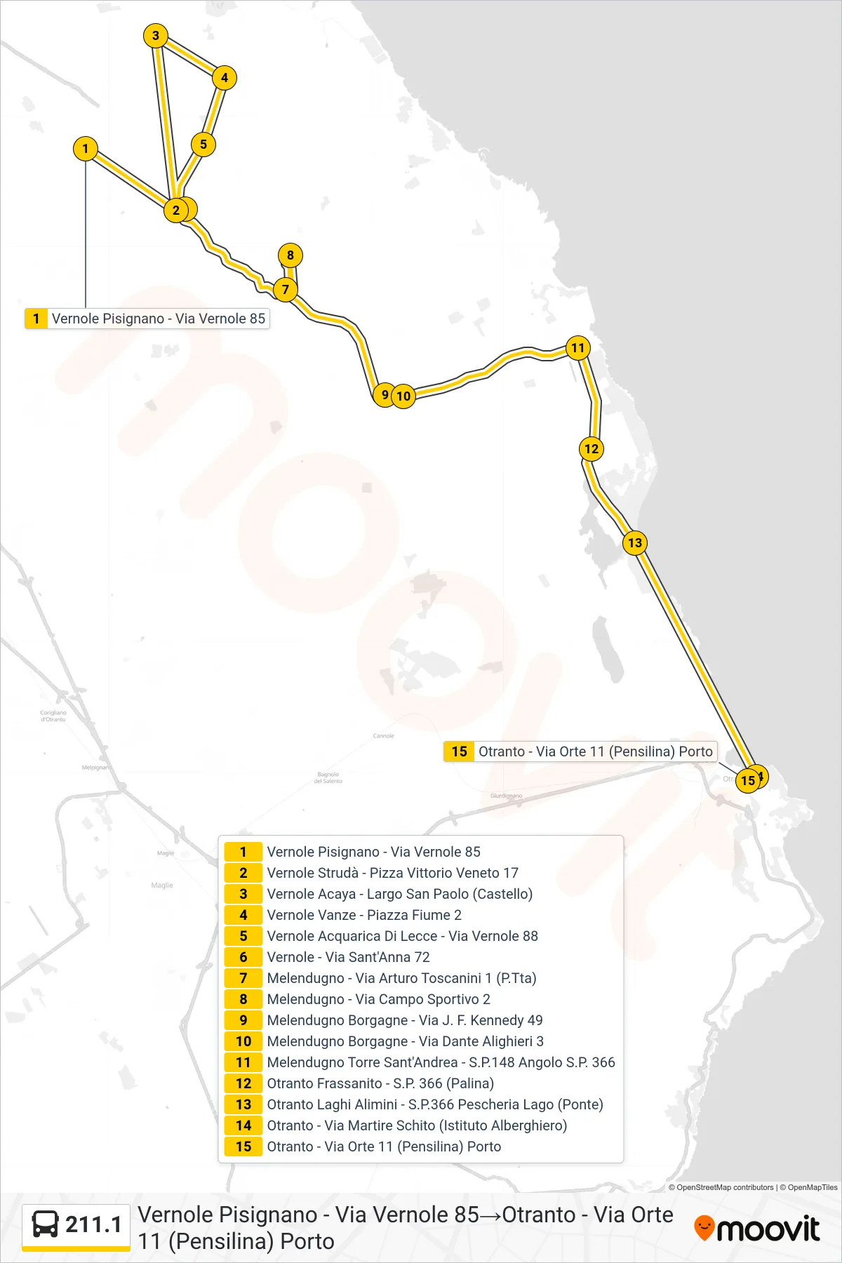 Linea 211.1  bus (Vernole Pisignano - Via Vernole 85‎→Otranto - Via Orte 11 (Pensilina) Porto) - Percorsi e fermate sulla mappa