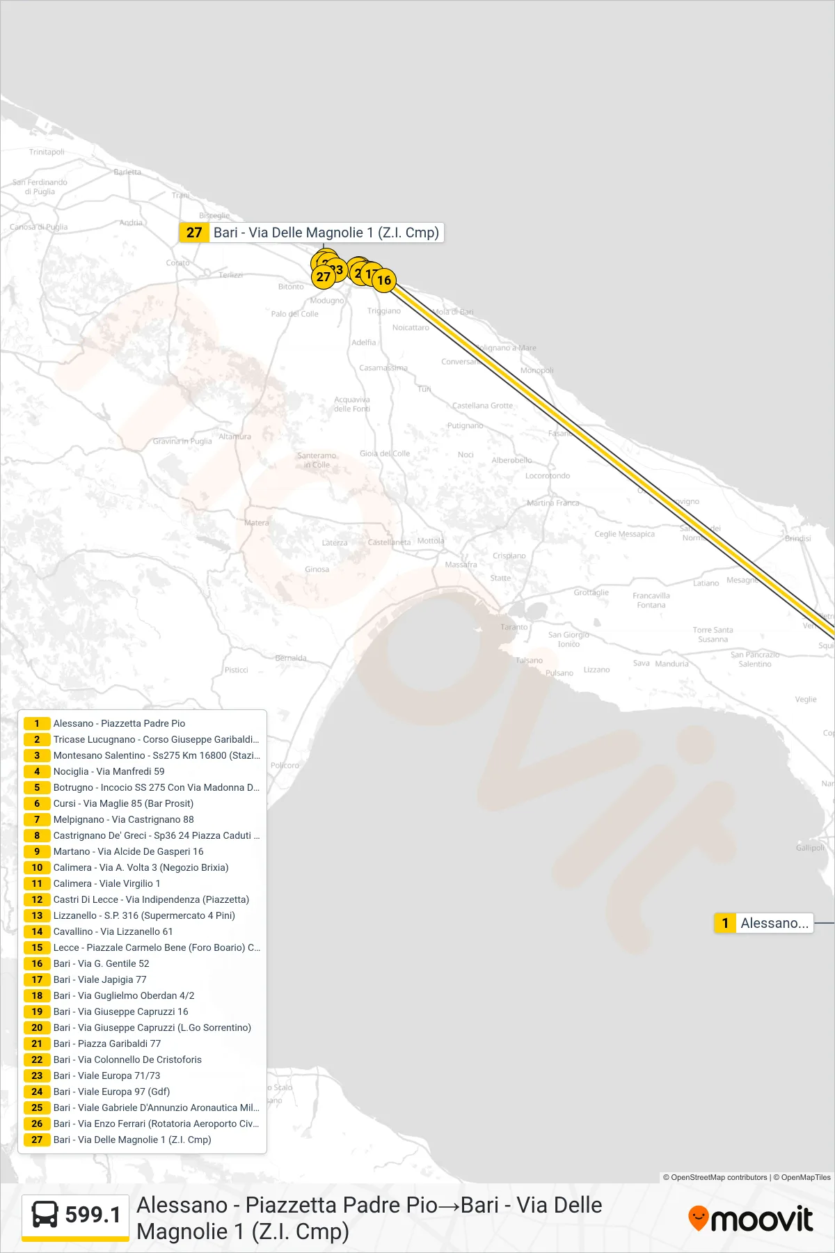 Linea 599.1 bus (Alessano - Piazzetta Padre Pio→Bari - Via Delle Magnolie 1 (Z.I. Cmp)) - Percorsi e fermate sulla mappa
