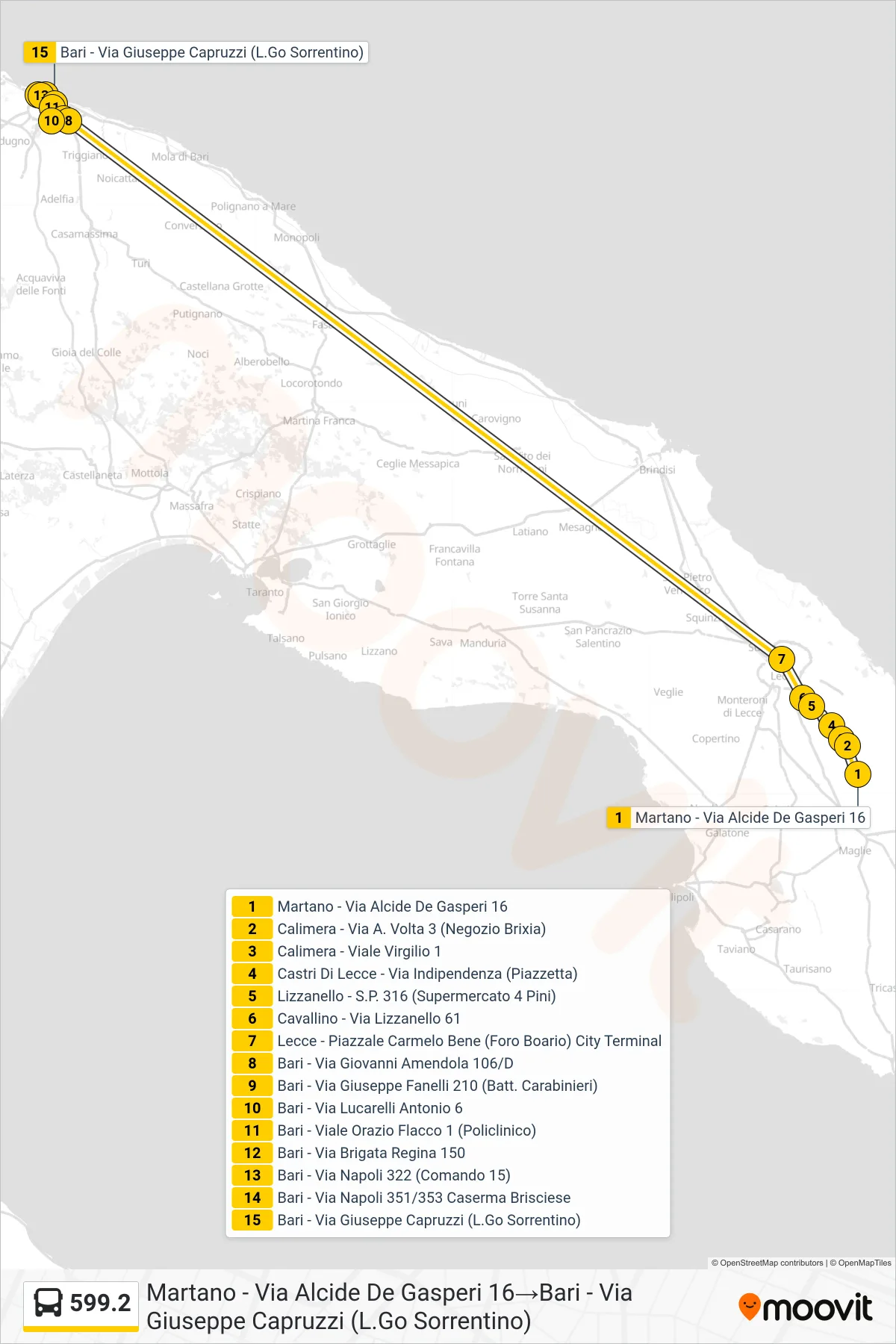 Linea 599.2  bus (Martano - Via Alcide De Gasperi 16‎→Bari - Via Giuseppe Capruzzi (L.Go Sorrentino)) - Percorsi e fermate sulla mappa