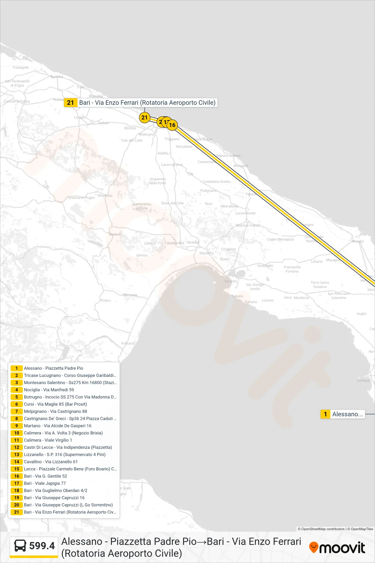 Linea 599.4 bus (Alessano - Piazzetta Padre Pio→Bari - Via Enzo Ferrari (Rotatoria Aeroporto Civile)) - Percorsi e fermate sulla mappa