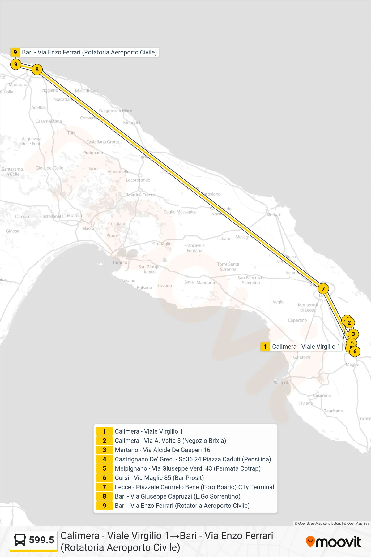 Linea 599.5 bus (Calimera - Viale Virgilio 1→Bari - Via Enzo Ferrari (Rotatoria Aeroporto Civile)) - Percorsi e fermate sulla mappa