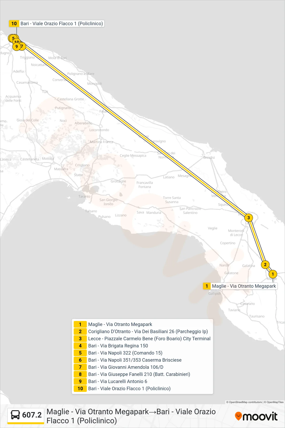 Linea 607.2  bus (Maglie - Via Otranto Megapark‎→Bari - Viale Orazio Flacco 1 (Policlinico)) - Percorsi e fermate sulla mappa