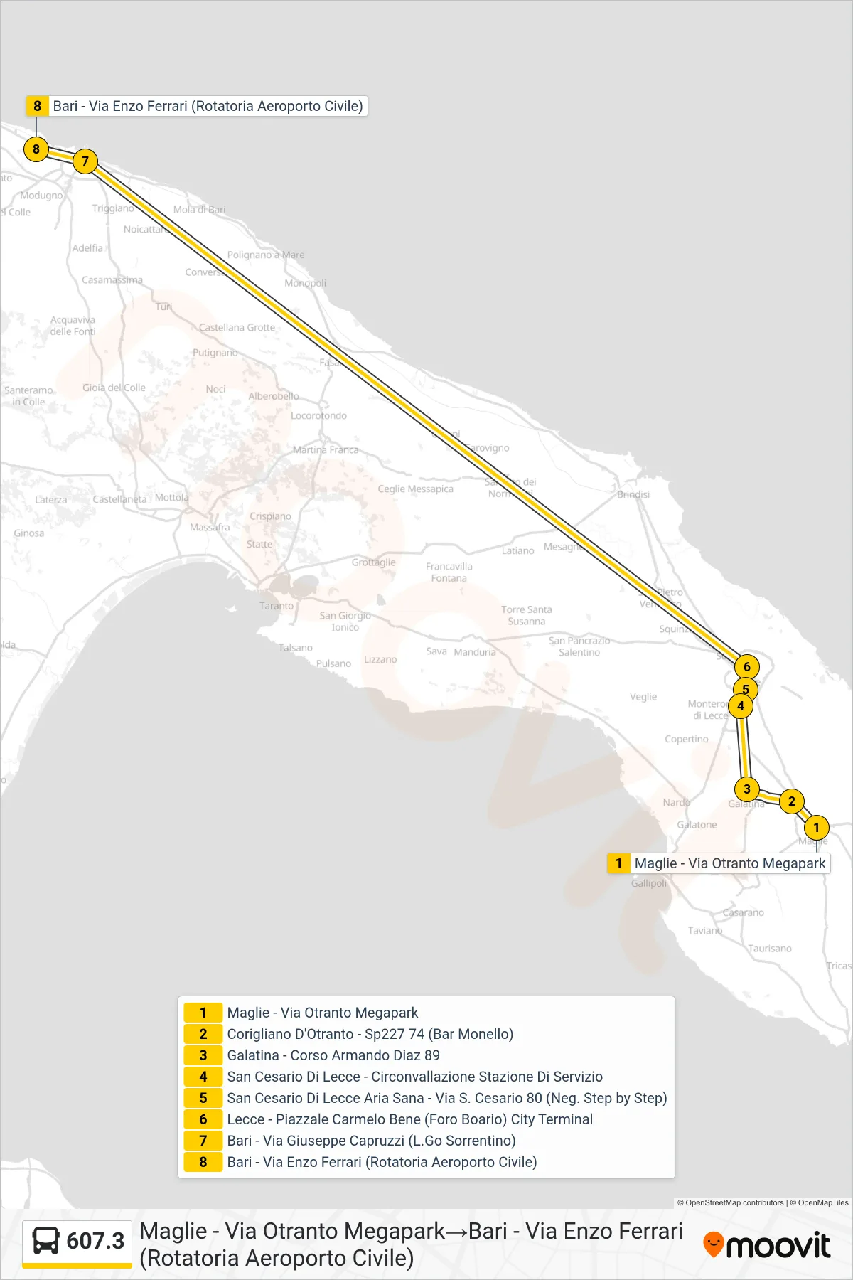Linea 607.3  bus (Maglie - Via Otranto Megapark‎→Bari - Via Enzo Ferrari (Rotatoria Aeroporto Civile)) - Percorsi e fermate sulla mappa
