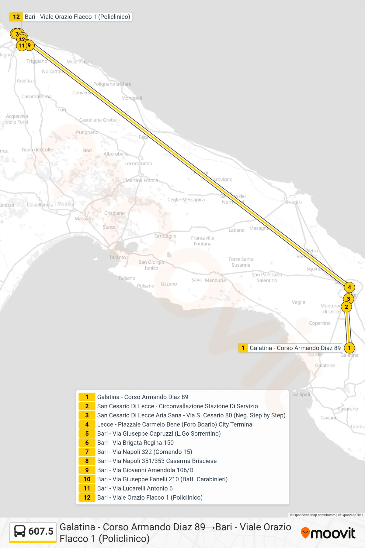 Linea 607.5 bus (Galatina - Corso Armando Diaz 89→Bari - Viale Orazio Flacco 1 (Policlinico)) - Percorsi e fermate sulla mappa