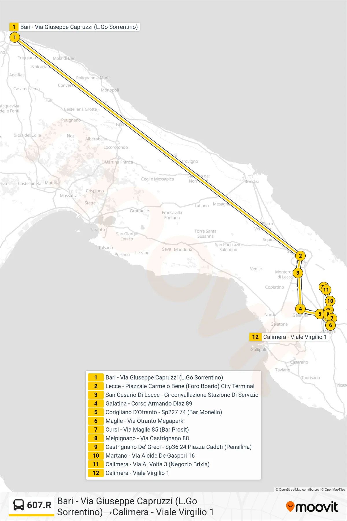 Linea 607.R bus (Bari - Via Giuseppe Capruzzi (L.Go Sorrentino)→Calimera - Viale Virgilio 1) - Percorsi e fermate sulla mappa