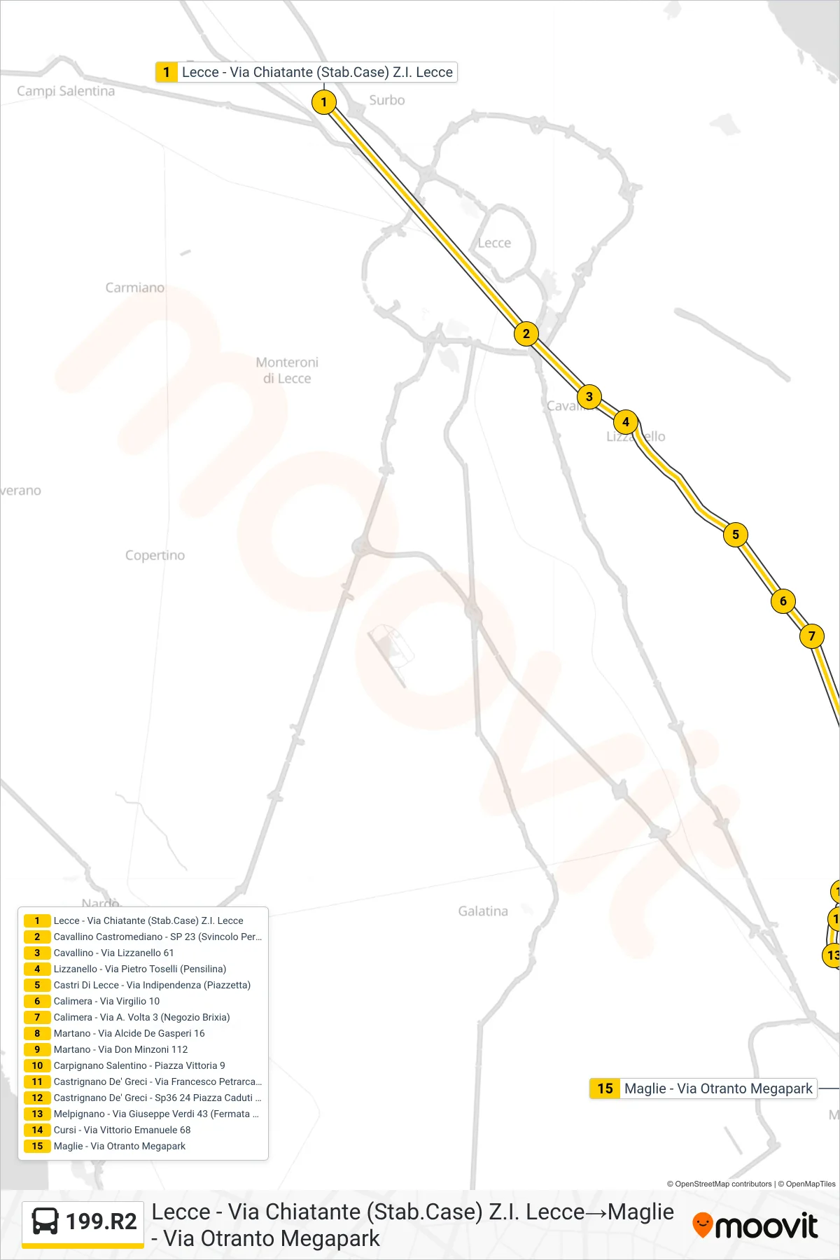 Linea 199.R2 bus (Lecce - Via Chiatante (Stab.Case) Z.I. Lecce→Maglie - Via Otranto Megapark) - Percorsi e fermate sulla mappa