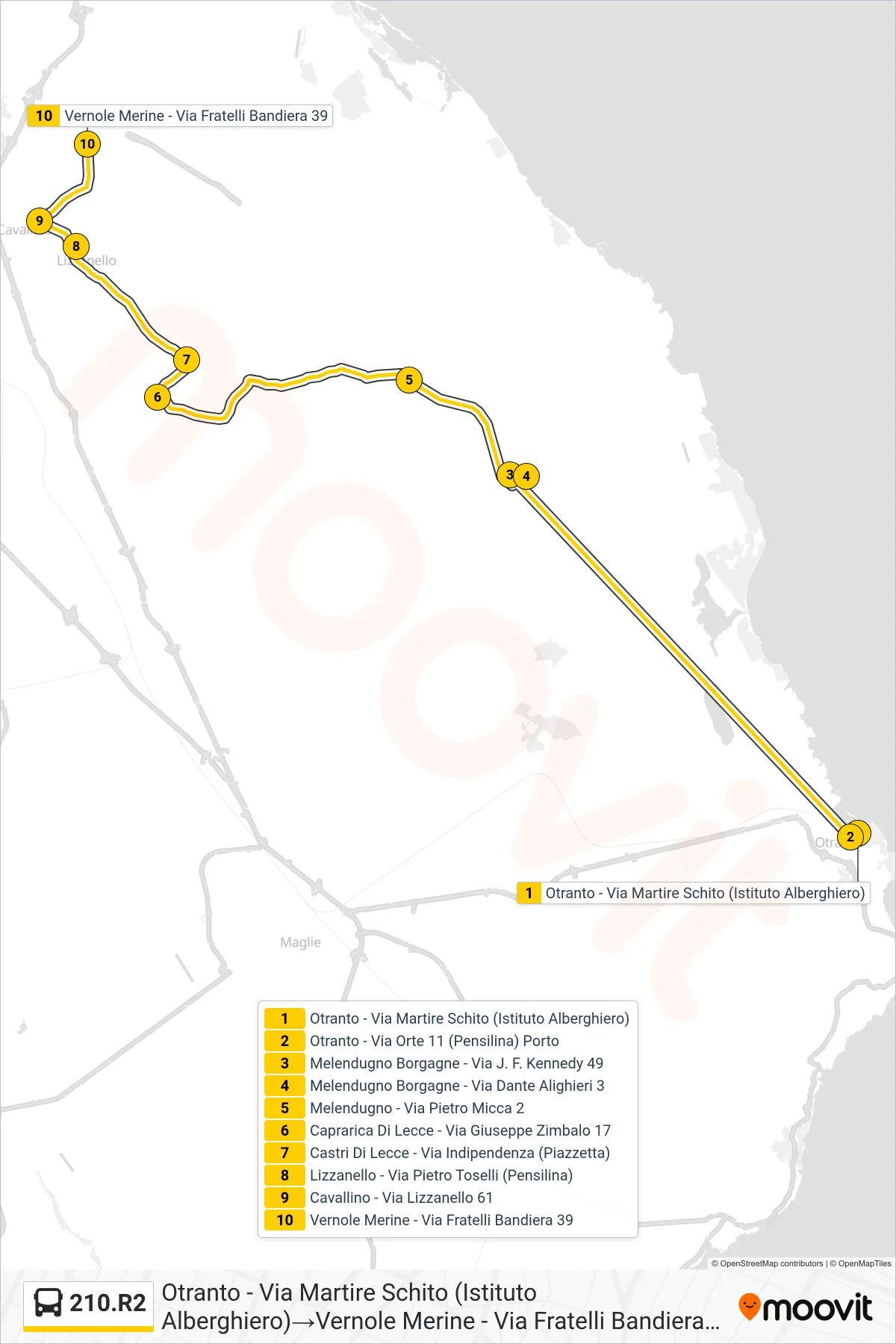 Linea 210.R2 bus (Otranto - Via Martire Schito (Istituto Alberghiero)→Vernole Merine - Via Fratelli Bandiera 39) - Percorsi e fermate sulla mappa
