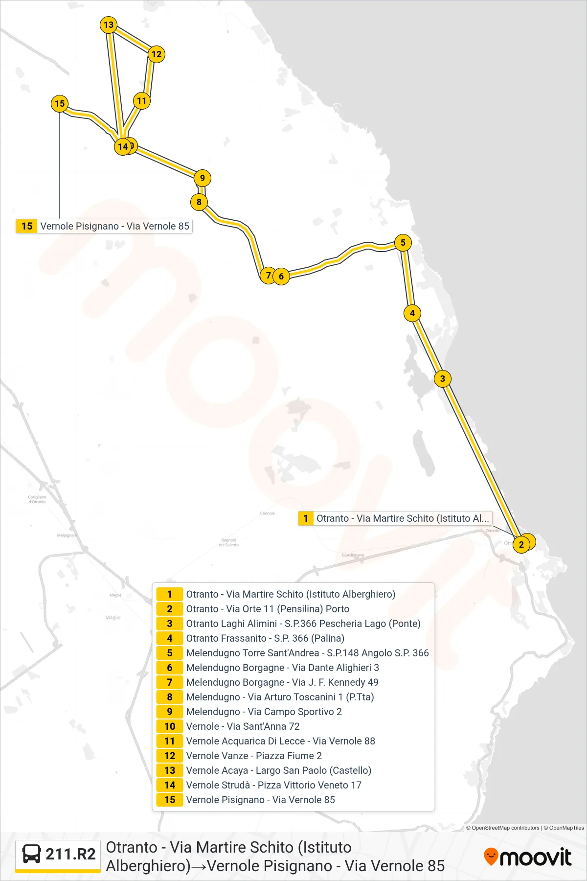 Linea 211.R2 bus (Otranto - Via Martire Schito (Istituto Alberghiero)→Vernole Pisignano - Via Vernole 85) - Percorsi e fermate sulla mappa