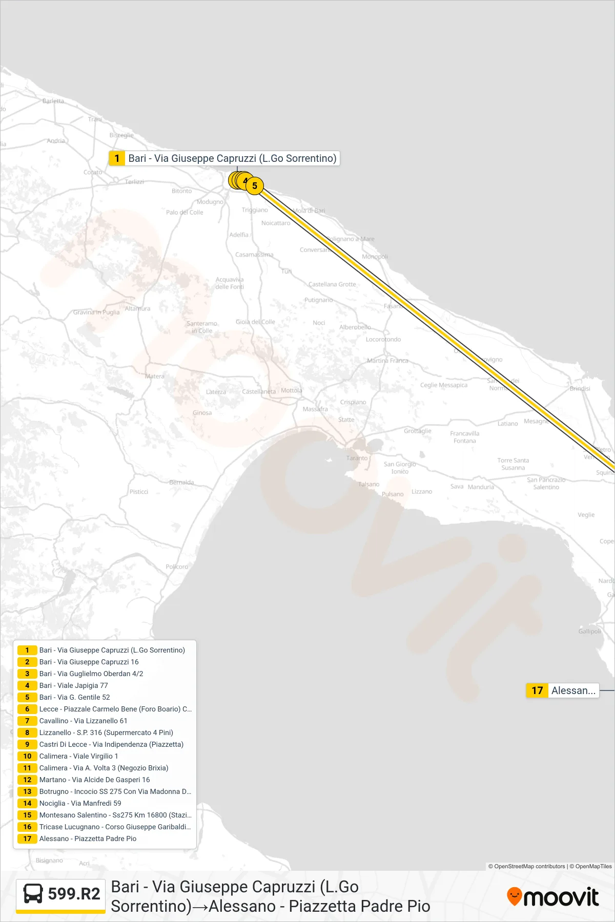 Linea 599.R2 bus (Bari - Via Giuseppe Capruzzi (L.Go Sorrentino)→Alessano - Piazzetta Padre Pio) - Percorsi e fermate sulla mappa
