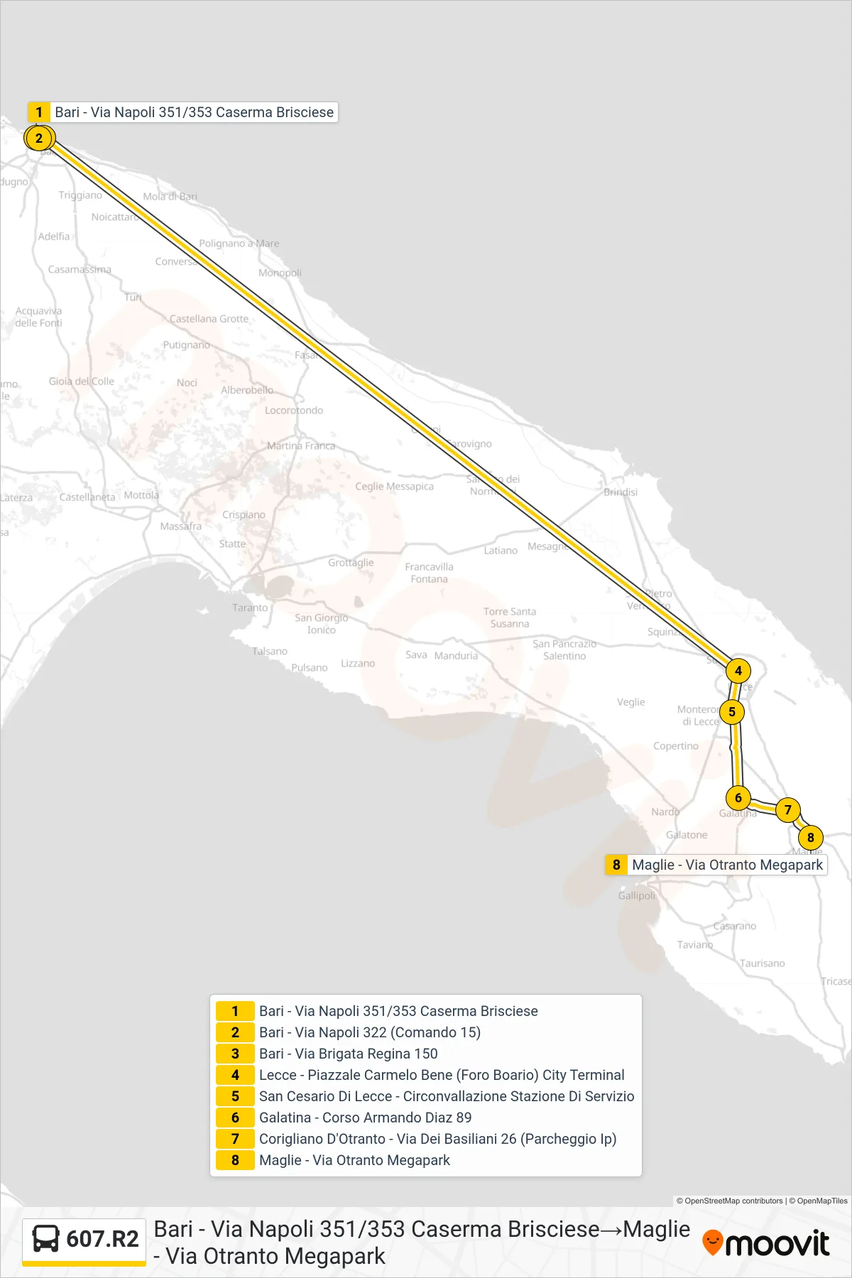 Linea 607.R2 bus (Bari - Via Napoli 351/353 Caserma Brisciese→Maglie - Via Otranto Megapark) - Percorsi e fermate sulla mappa