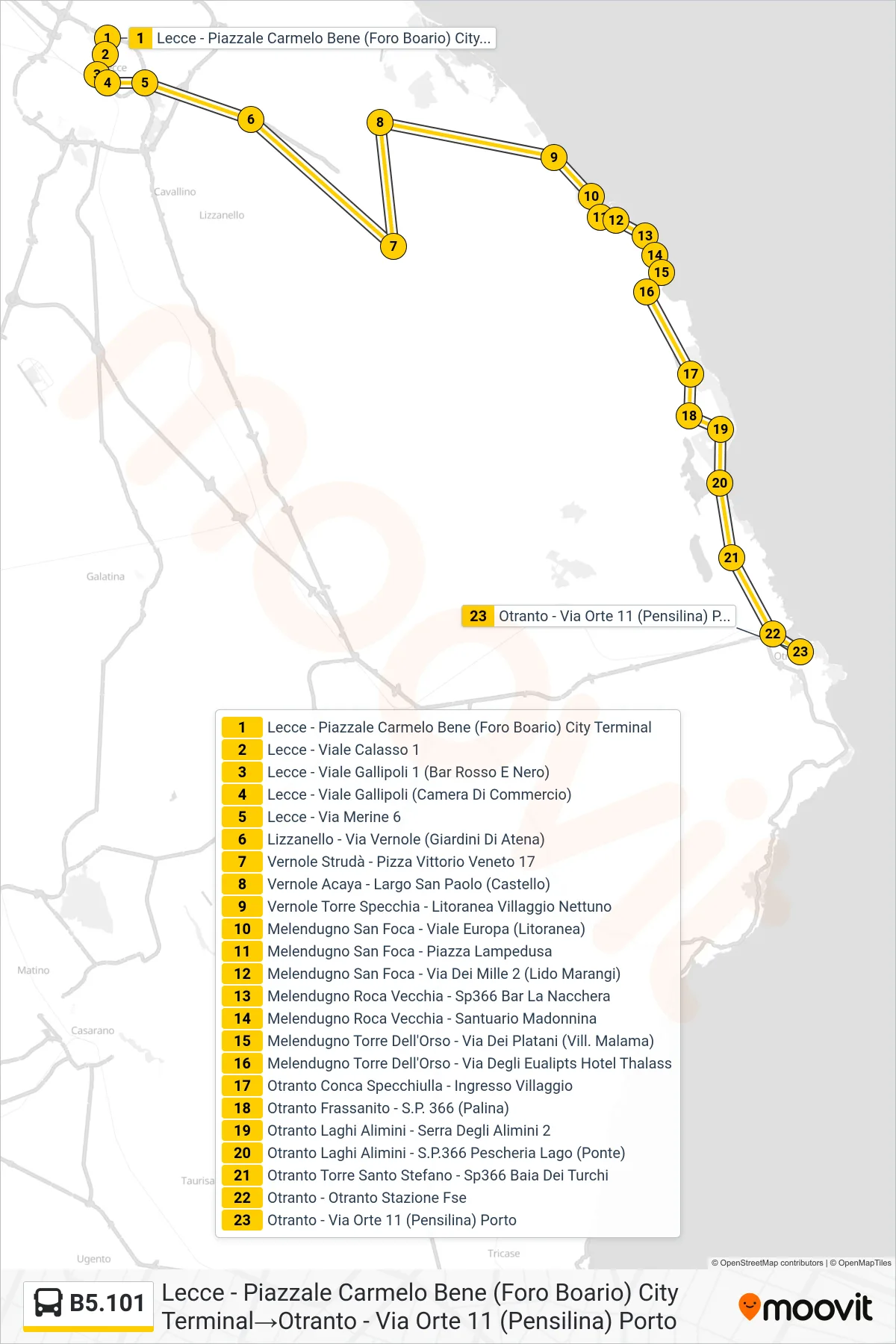 Linea B5.101 bus (Lecce - Piazzale Carmelo Bene (Foro Boario) City Terminal→Otranto - Via Orte 11 (Pensilina) Porto) - Percorsi e fermate sulla mappa