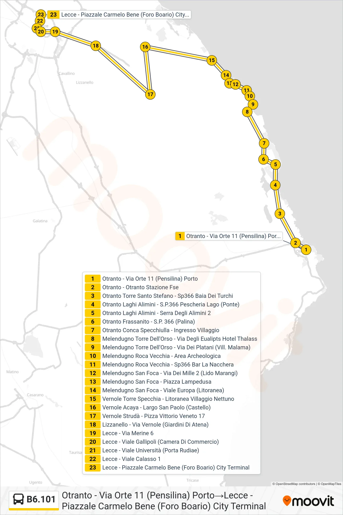 Linea B6.101 bus (Otranto - Via Orte 11 (Pensilina) Porto→Lecce - Piazzale Carmelo Bene (Foro Boario) City Terminal) - Percorsi e fermate sulla mappa