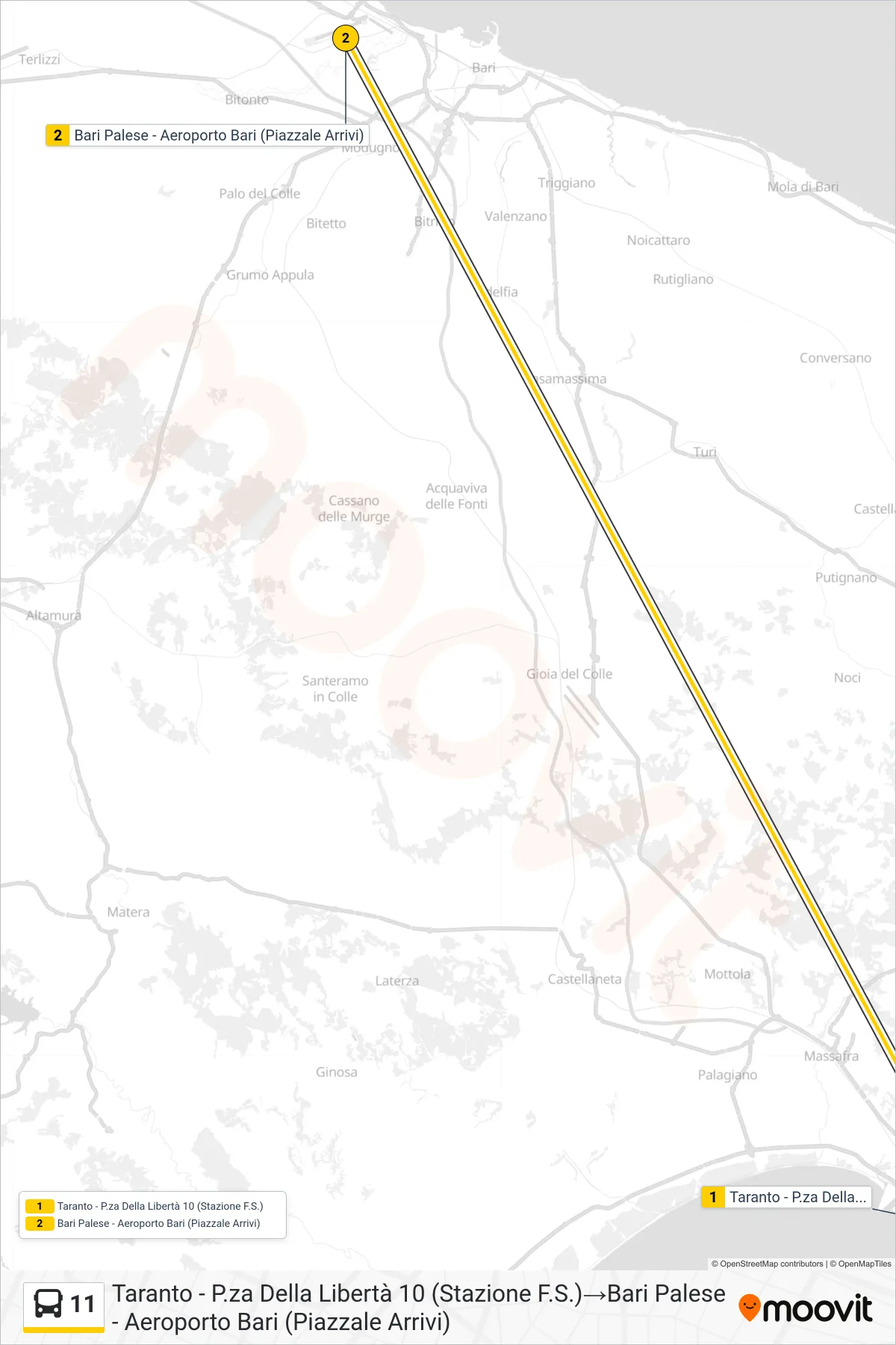 Linea 11 bus (Taranto - P.za Della Libertà 10 (Stazione F.S.)→Bari Palese - Aeroporto Bari (Piazzale Arrivi)) - Percorsi e fermate sulla mappa