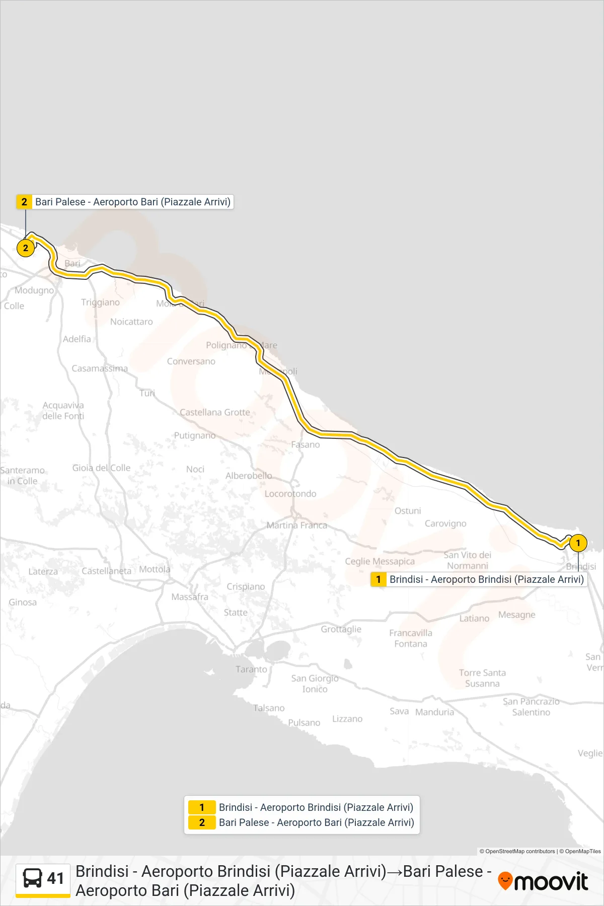 Linea 41 bus (Brindisi - Aeroporto Brindisi (Piazzale Arrivi)→Bari Palese - Aeroporto Bari (Piazzale Arrivi)) - Percorsi e fermate sulla mappa