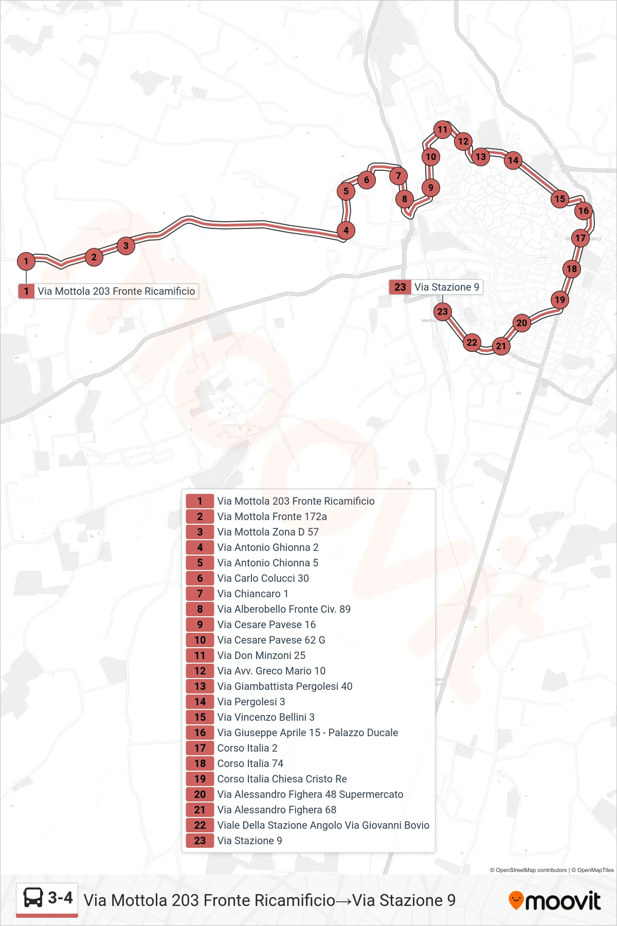 Linea 3-4 bus (Via Mottola 203 Fronte Ricamificio→Via Stazione 9) - Percorsi e fermate sulla mappa