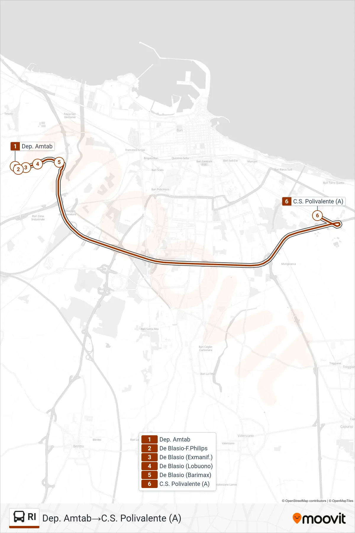 Linea RI bus (Dep. Amtab→C.S. Polivalente (A)) - Percorsi e fermate sulla mappa