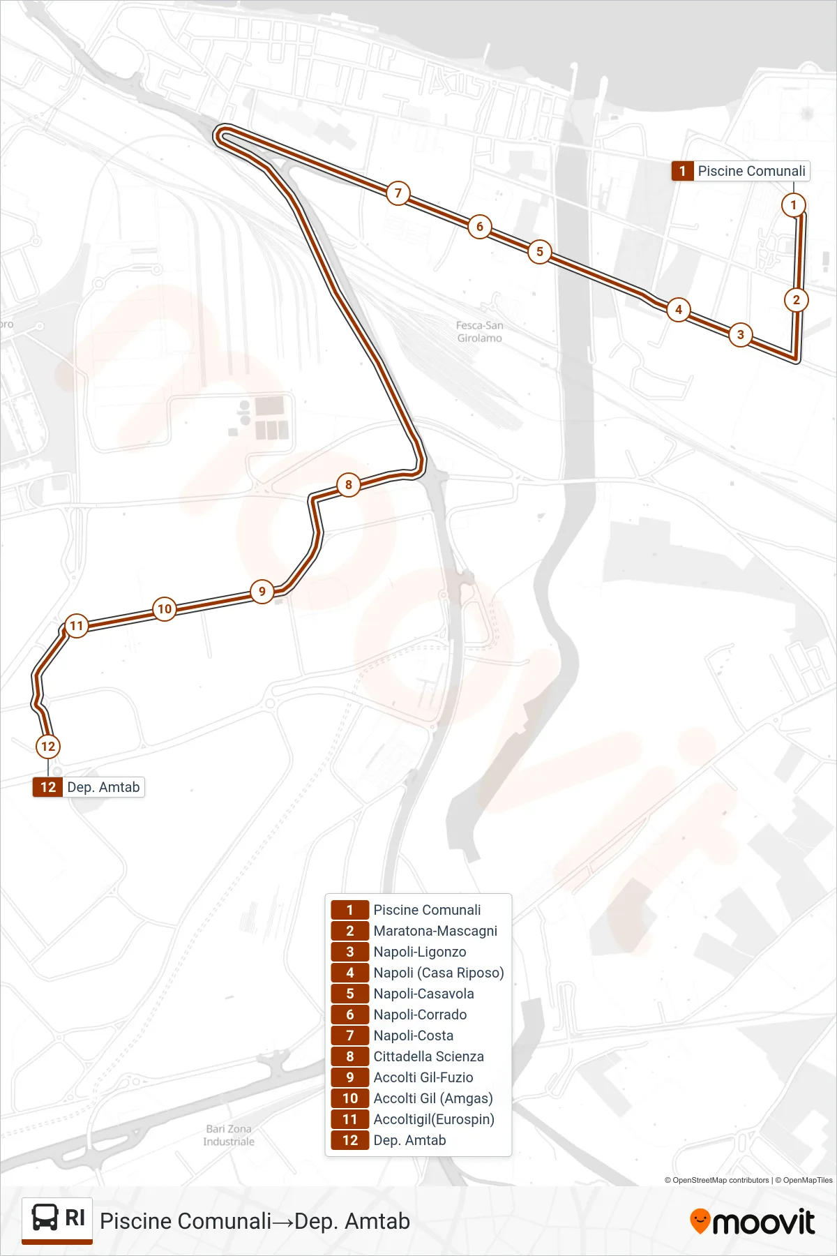 Linea RI bus (Piscine Comunali→Dep. Amtab) - Percorsi e fermate sulla mappa
